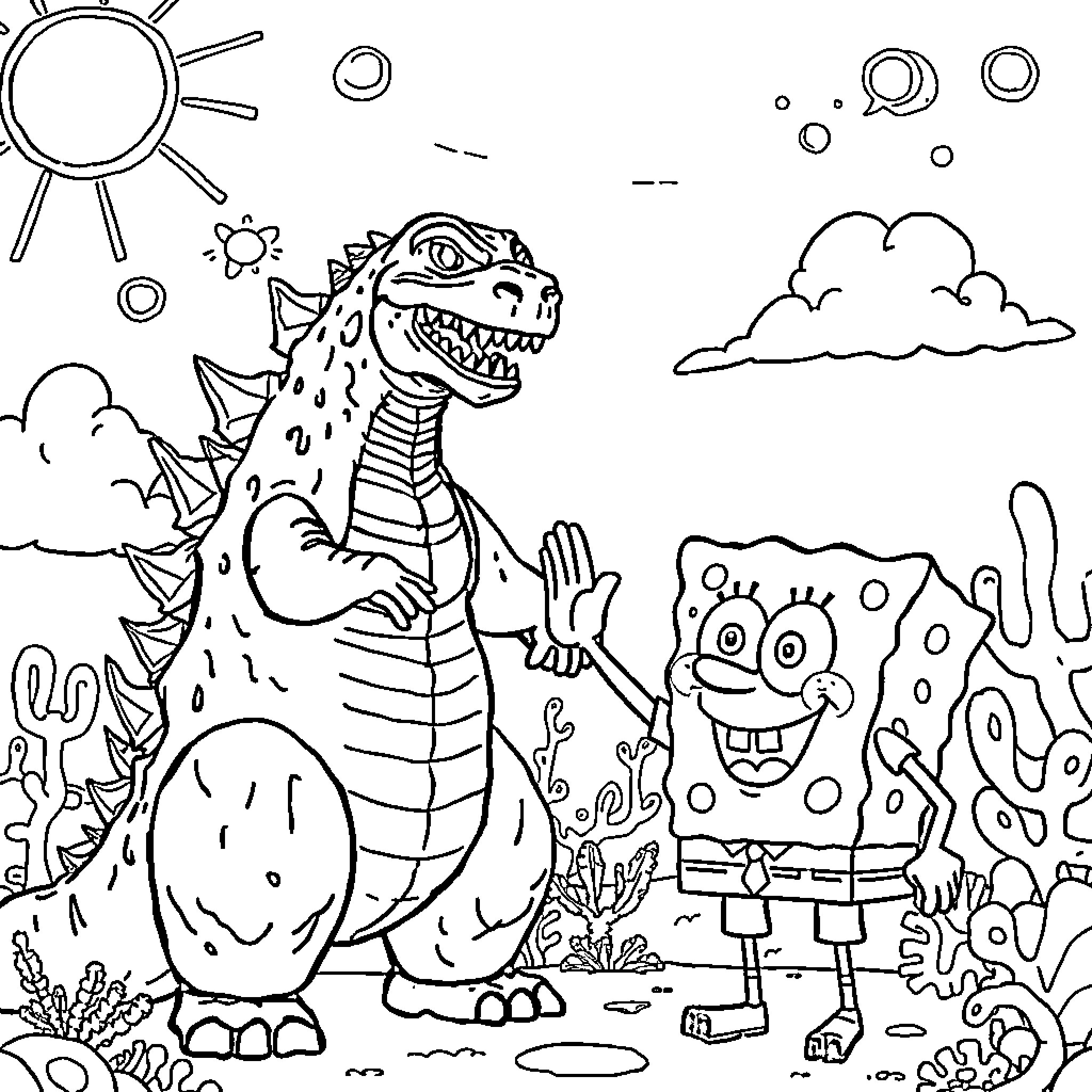 Godzilla and SpongeBob in the Outdoors Coloring Page (free black-and-white line drawing printable PDF for all, from beginners to advanced learners, including children, teens, adults, and seniors)