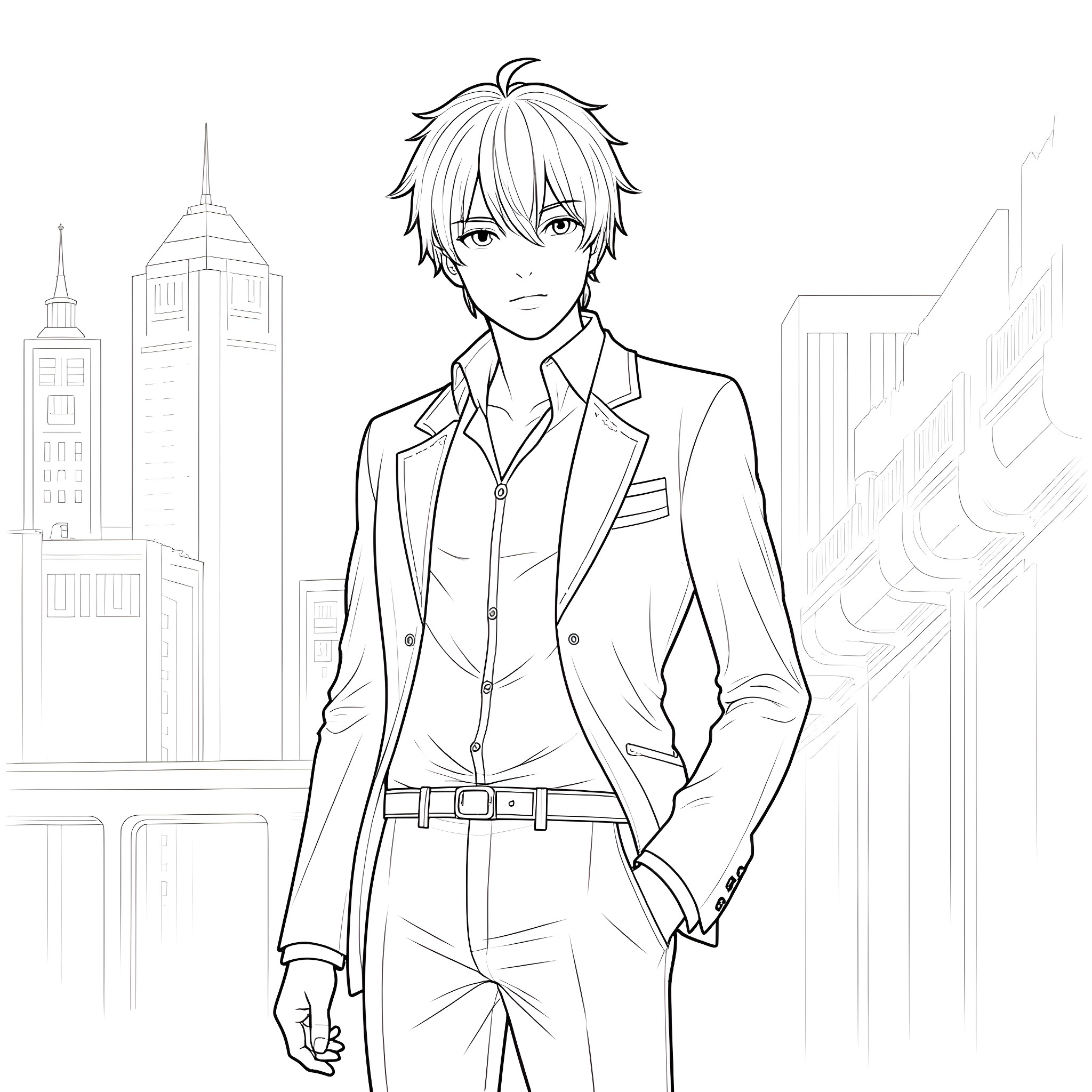 Akechi Goro in a Formal Outfit in the City Coloring Page (free black-and-white line drawing printable PDF for all, from beginners to advanced learners, including children, teens, adults, and seniors)