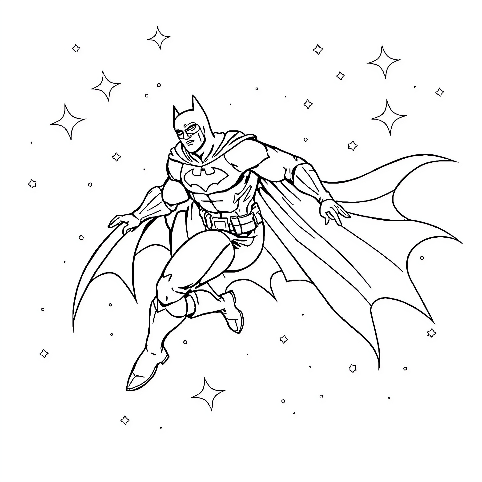 Batman soaring through the stars Coloring Page (free black-and-white line drawing printable PDF for all, from beginners to advanced learners, including children, teens, adults, and seniors)