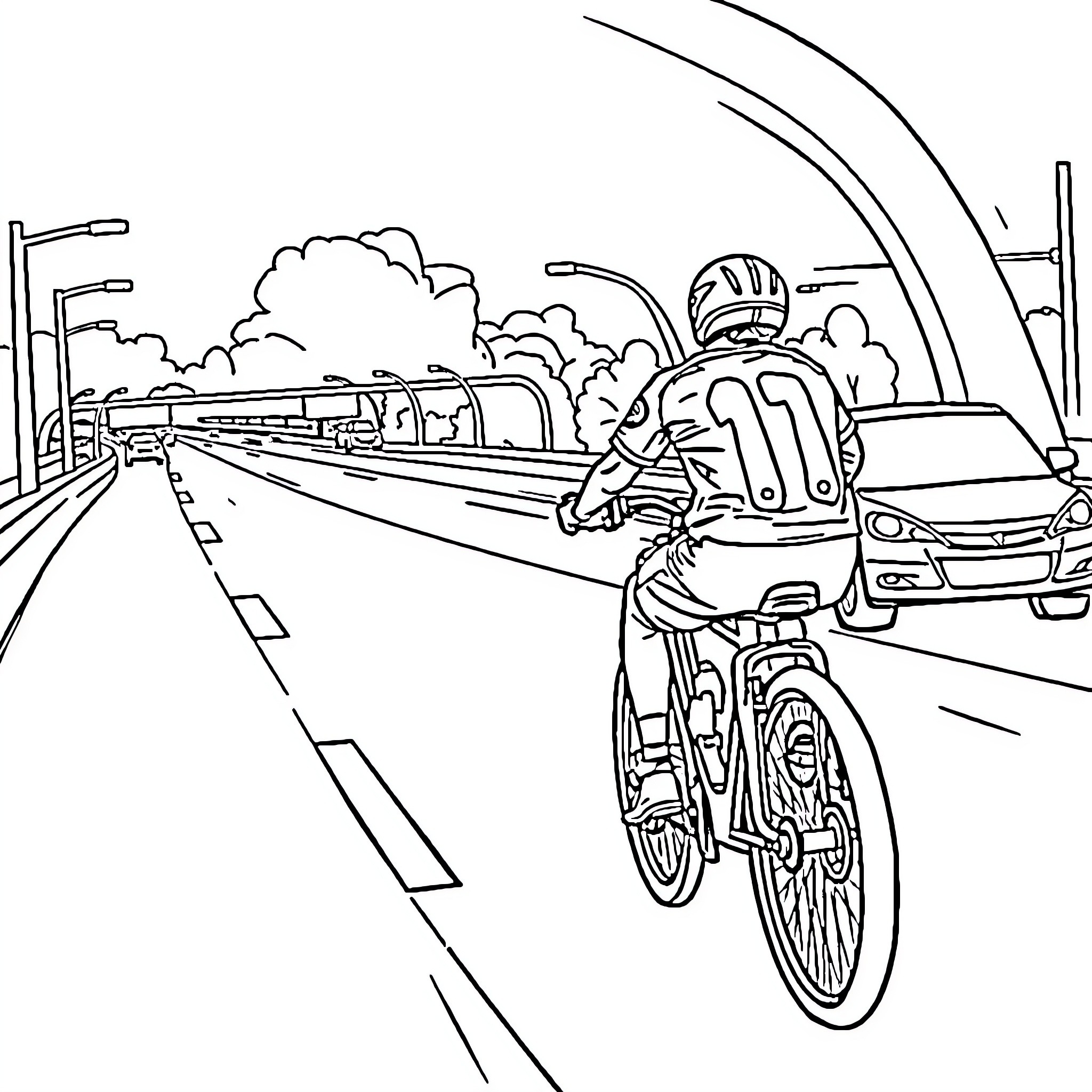 Neymar riding bicycle on a busy street Coloring Page (free black-and-white line drawing printable PDF for all, from beginners to advanced learners, including children, teens, adults, and seniors)