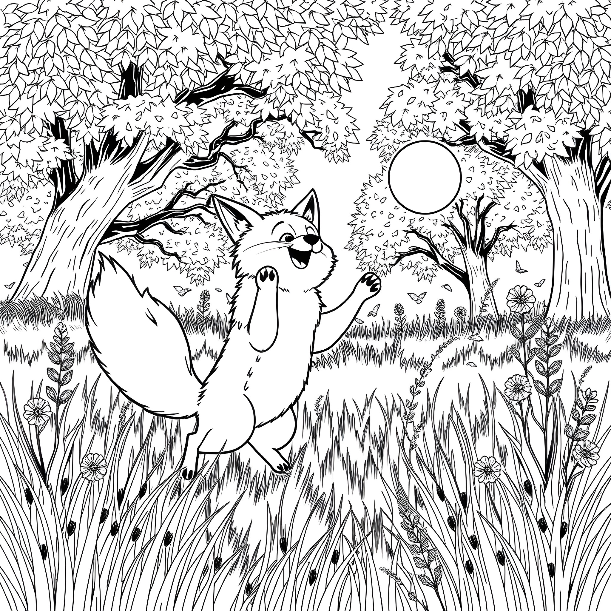 Fox playing joyfully in the forest Coloring Page (free black-and-white line drawing printable PDF for all, from beginners to advanced learners, including children, teens, adults, and seniors)