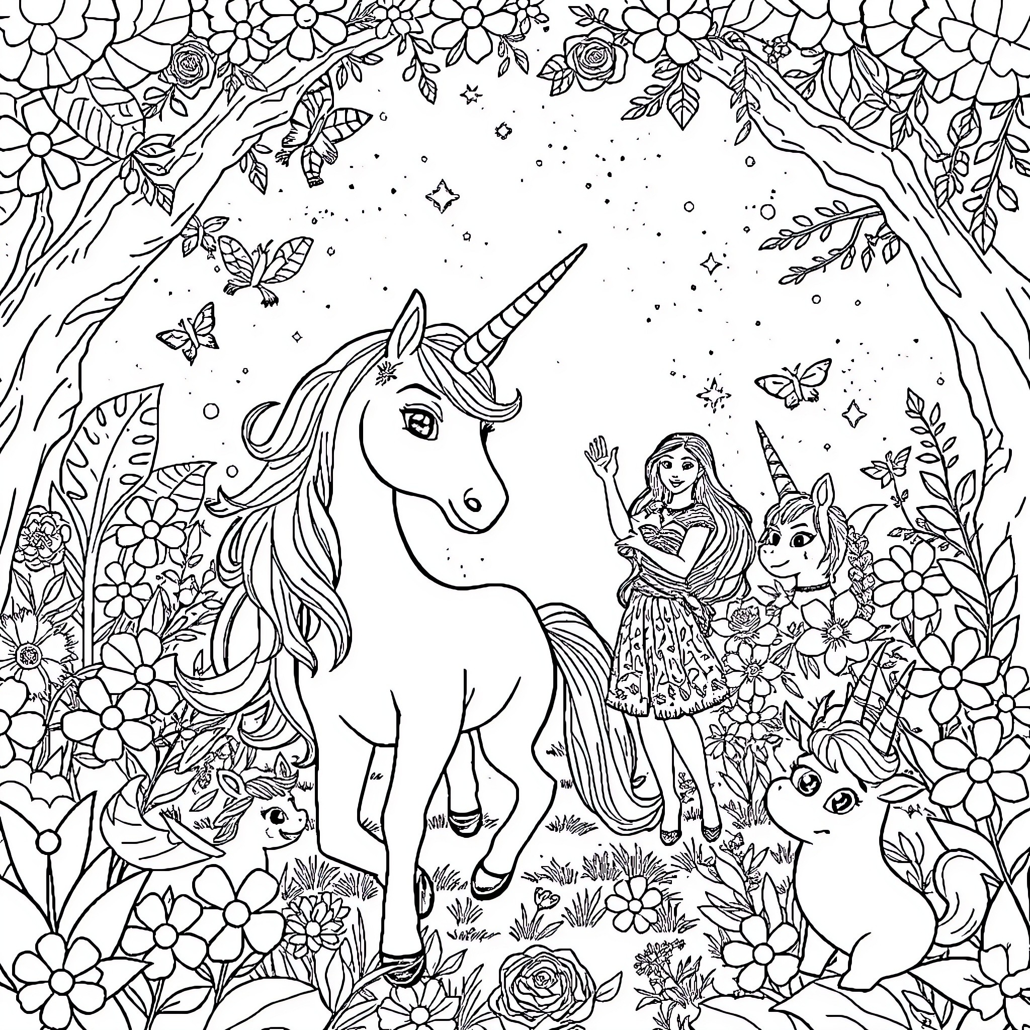 Unicorn enchanted fantasy scene with girl and animals Coloring Page (free black-and-white line drawing printable PDF for all, from beginners to advanced learners, including children, teens, adults, and seniors)