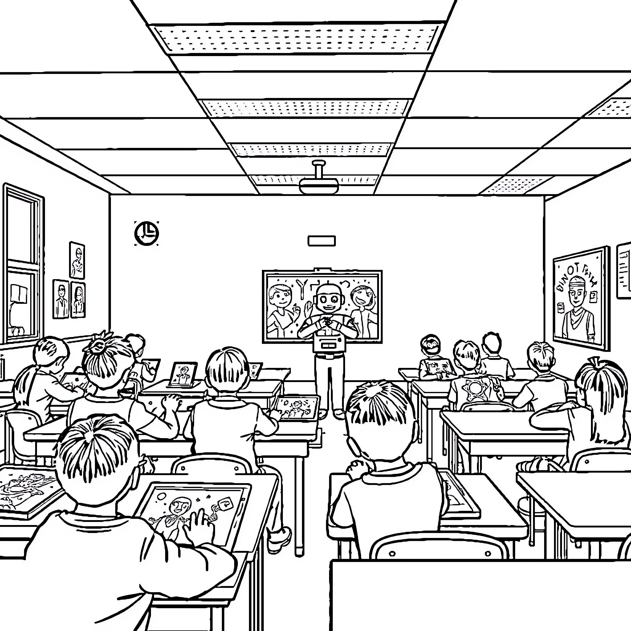 Students in classroom learning and studying Coloring Page (free black-and-white line drawing printable PDF for all, from beginners to advanced learners, including children, teens, adults, and seniors)