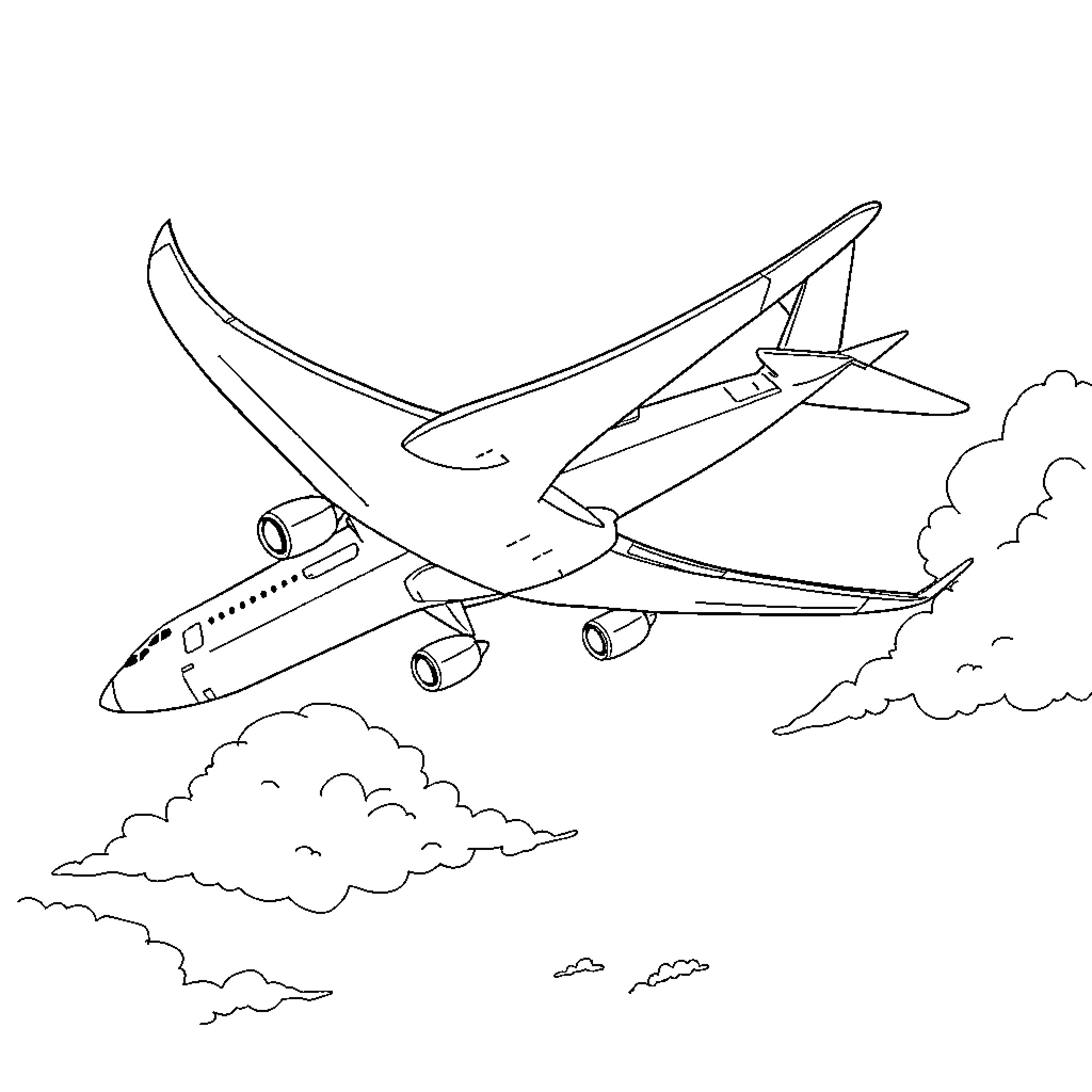 Boeing 747 aircraft soaring through the clouds Coloring Page (free black-and-white line drawing printable PDF for all, from beginners to advanced learners, including children, teens, adults, and seniors)