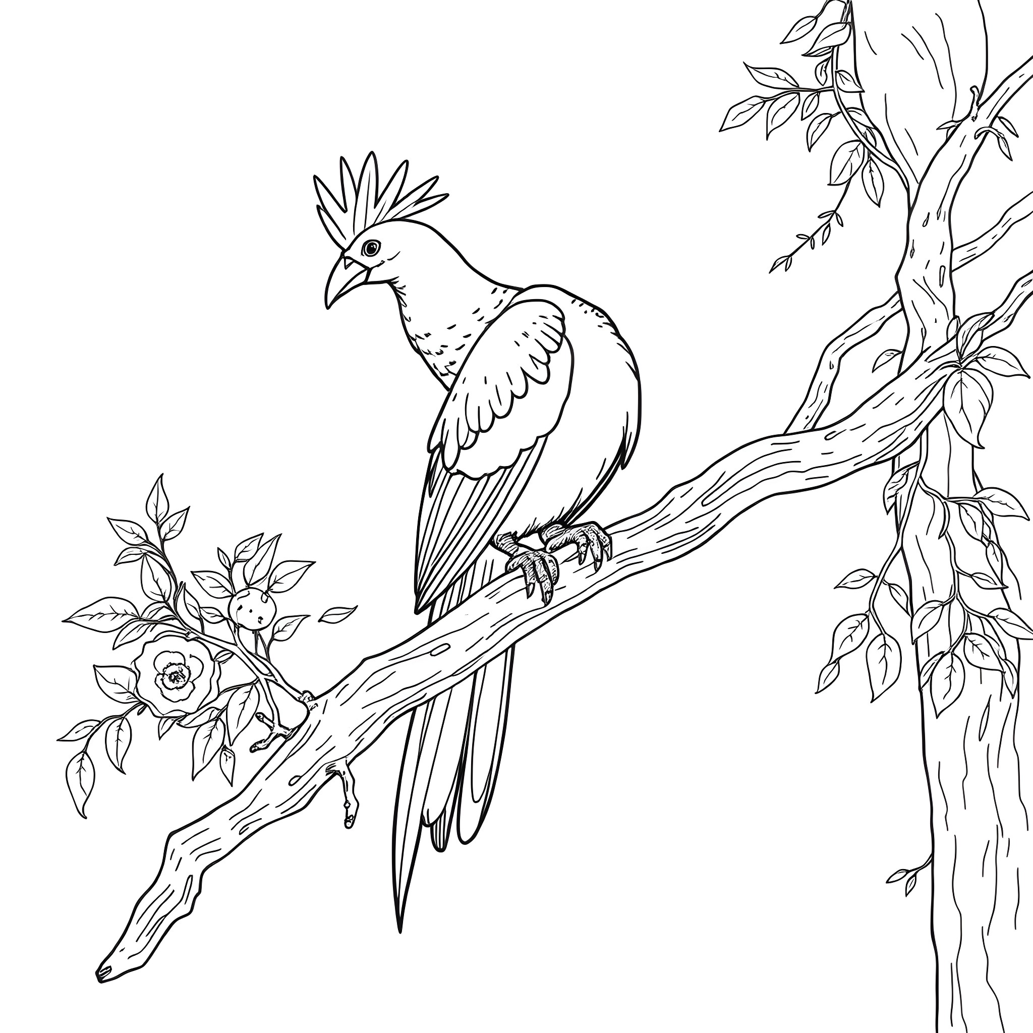 Turaco perched on a branch with flowers Coloring Page (free black-and-white line drawing printable PDF for all, from beginners to advanced learners, including children, teens, adults, and seniors)