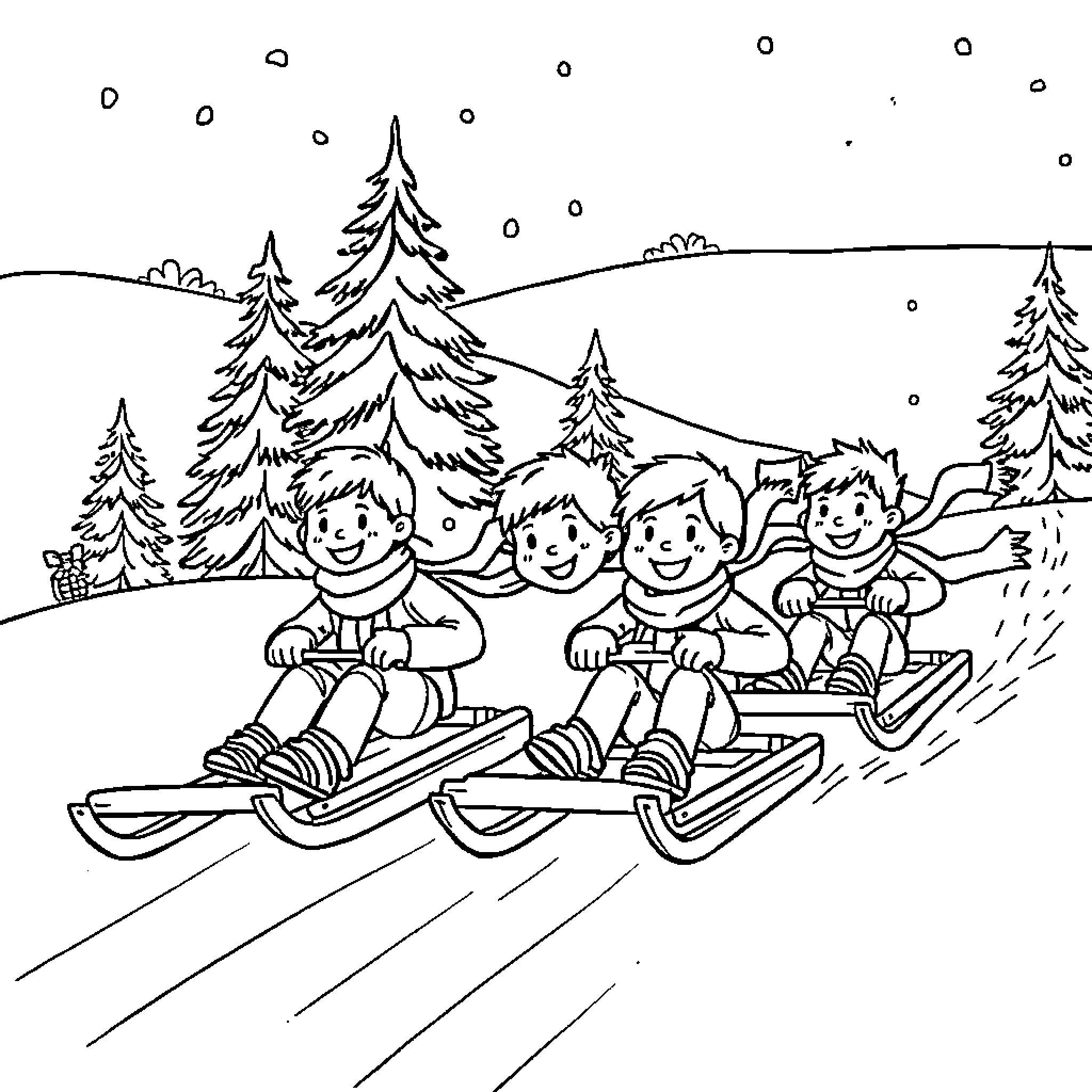 Kids enjoying winter fun on sleds Coloring Page (free black-and-white line drawing printable PDF for all, from beginners to advanced learners, including children, teens, adults, and seniors)
