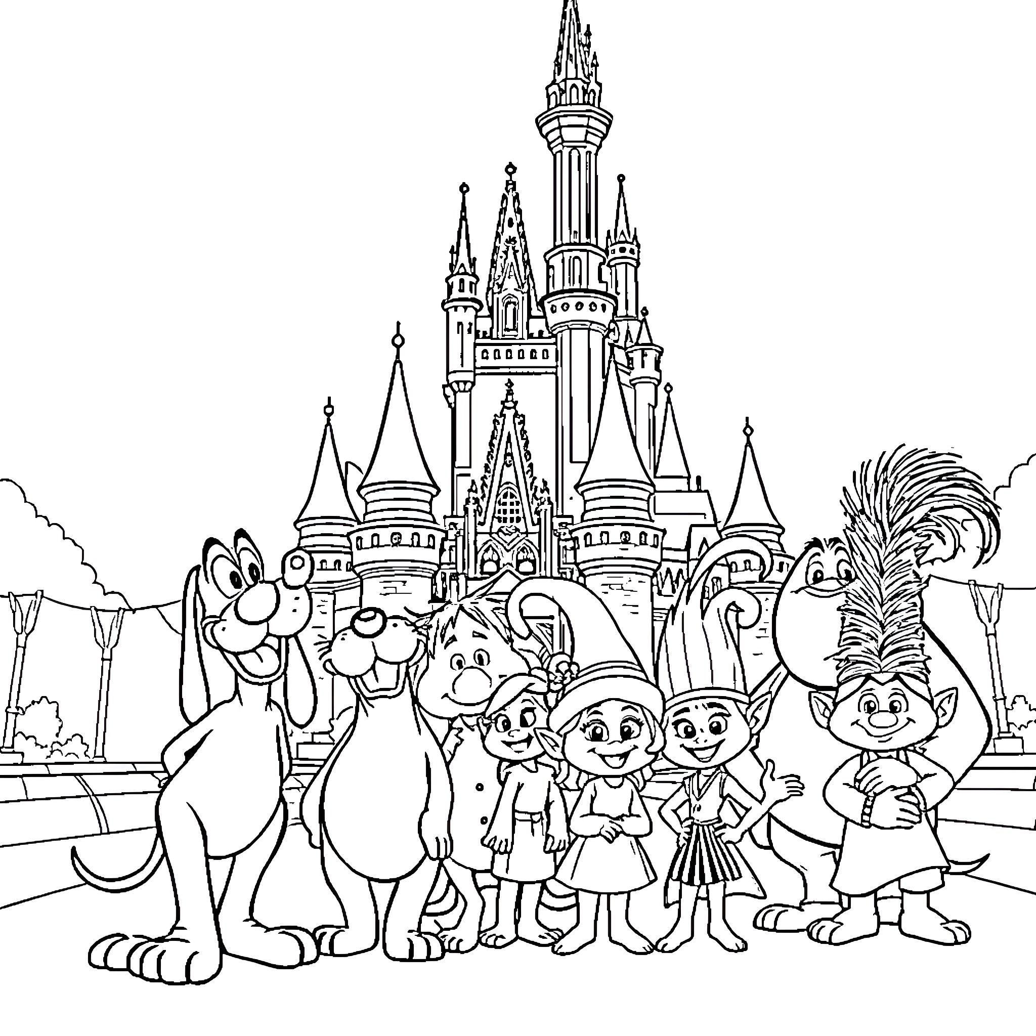 Disney Characters Posing Before Castle Coloring Page (free black-and-white line drawing printable PDF for all, from beginners to advanced learners, including children, teens, adults, and seniors)