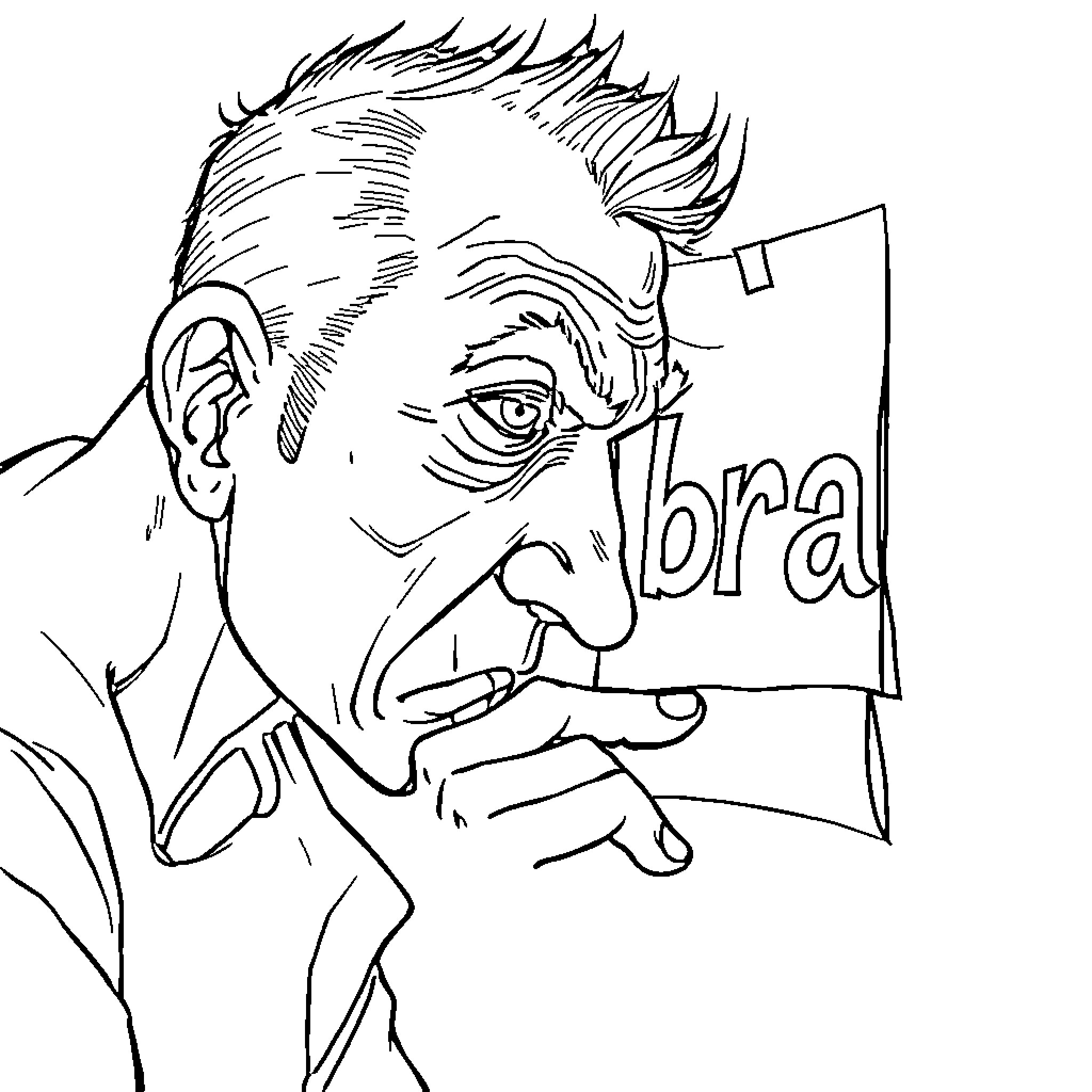 Adult man holding 'bra' sign with serious expression Coloring Page (free black-and-white line drawing printable PDF for all, from beginners to advanced learners, including children, teens, adults, and seniors)
