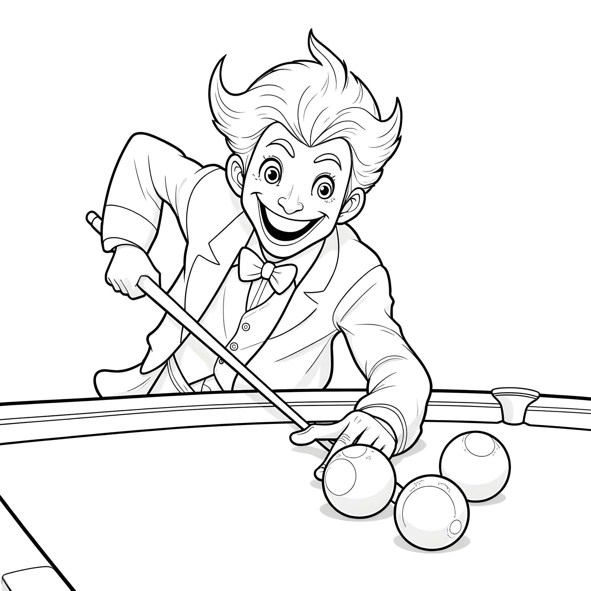 Joker playing a game of pool with a mischievous grin Coloring Page (free black-and-white line drawing printable PDF for all, from beginners to advanced learners, including children, teens, adults, and seniors)