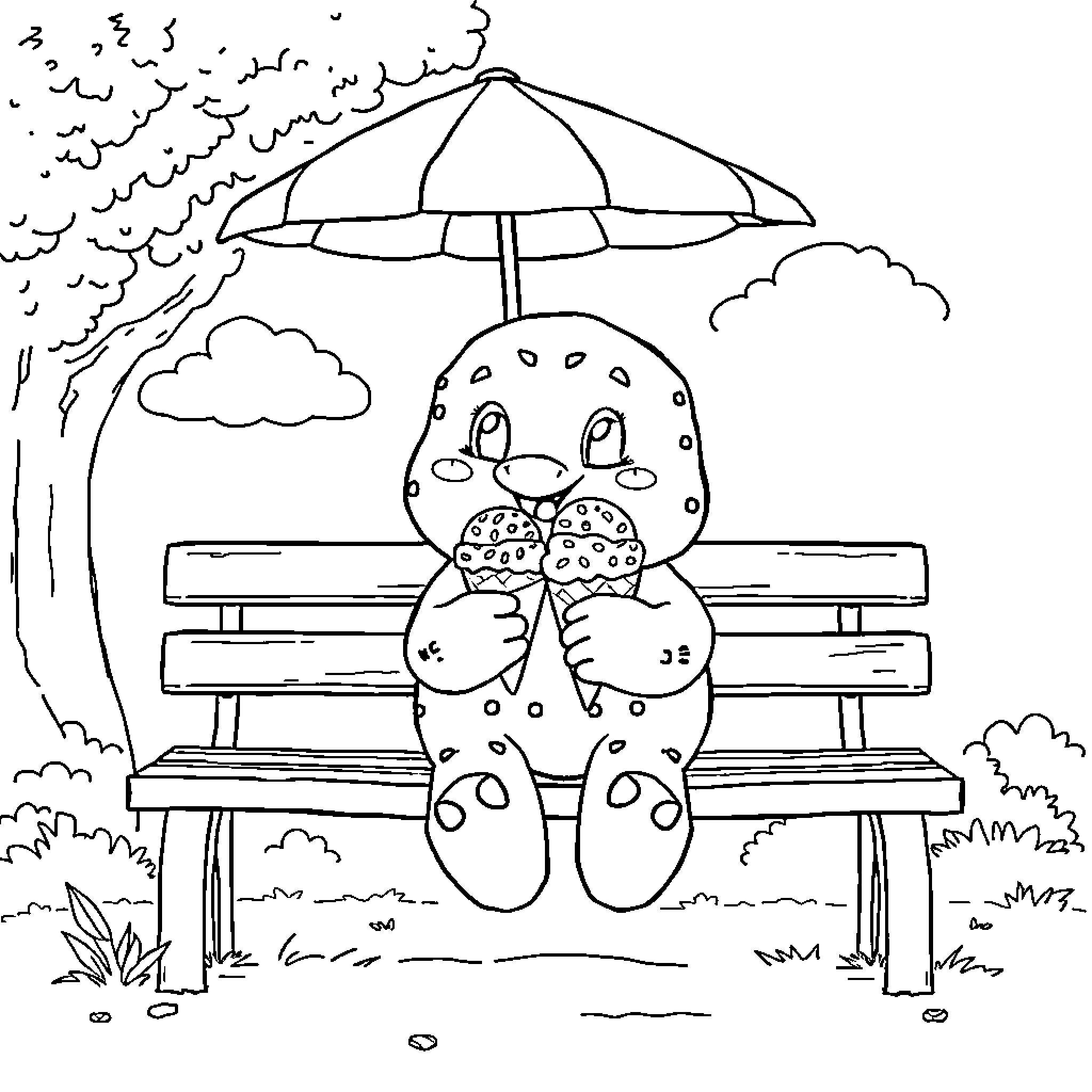 Labubu's rainy day picnic under the umbrella Coloring Page (free black-and-white line drawing printable PDF for all, from beginners to advanced learners, including children, teens, adults, and seniors)