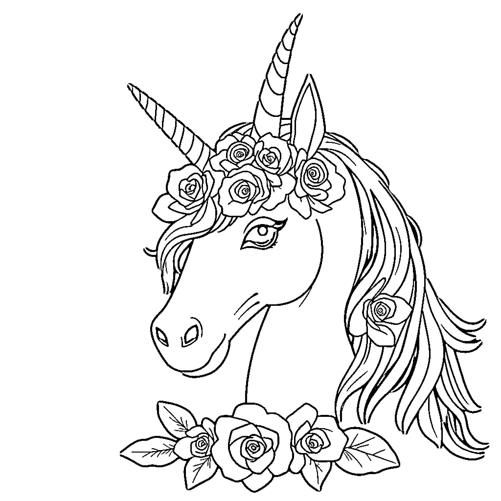 Unicorn with floral crown and roses Coloring Page (free black-and-white line drawing printable PDF for all, from beginners to advanced learners, including children, teens, adults, and seniors)