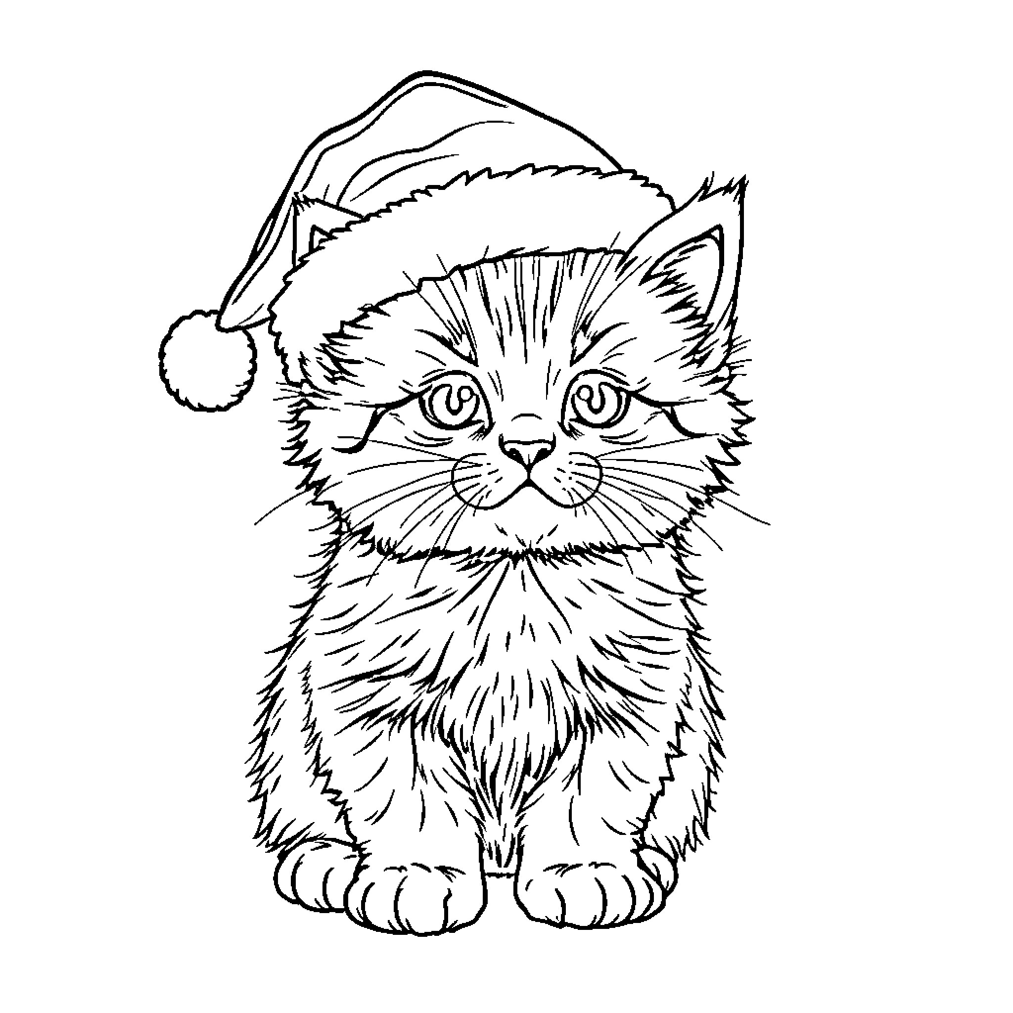 Kitten wearing Santa hat Coloring Page (free black-and-white line drawing printable PDF for all, from beginners to advanced learners, including children, teens, adults, and seniors)