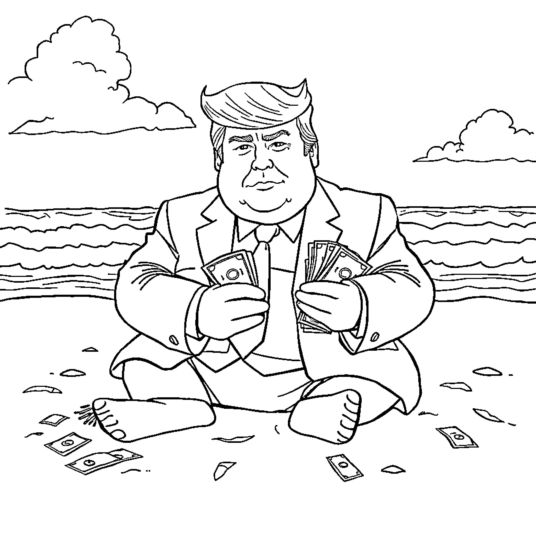 Trump Counting Money on the Beach Coloring Page (free black-and-white line drawing printable PDF for all, from beginners to advanced learners, including children, teens, adults, and seniors)