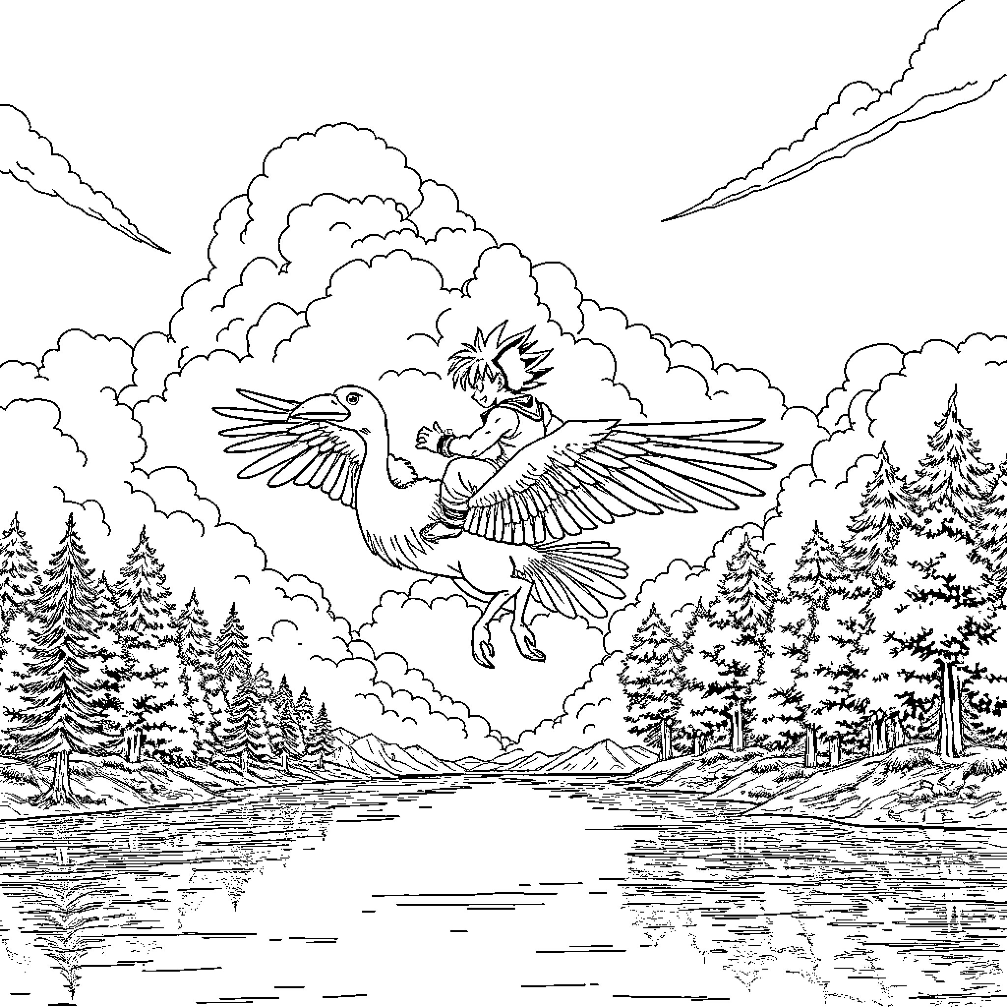 Son Goku soaring on a mythical bird over a scenic landscape Coloring Page (free black-and-white line drawing printable PDF for all, from beginners to advanced learners, including children, teens, adults, and seniors)