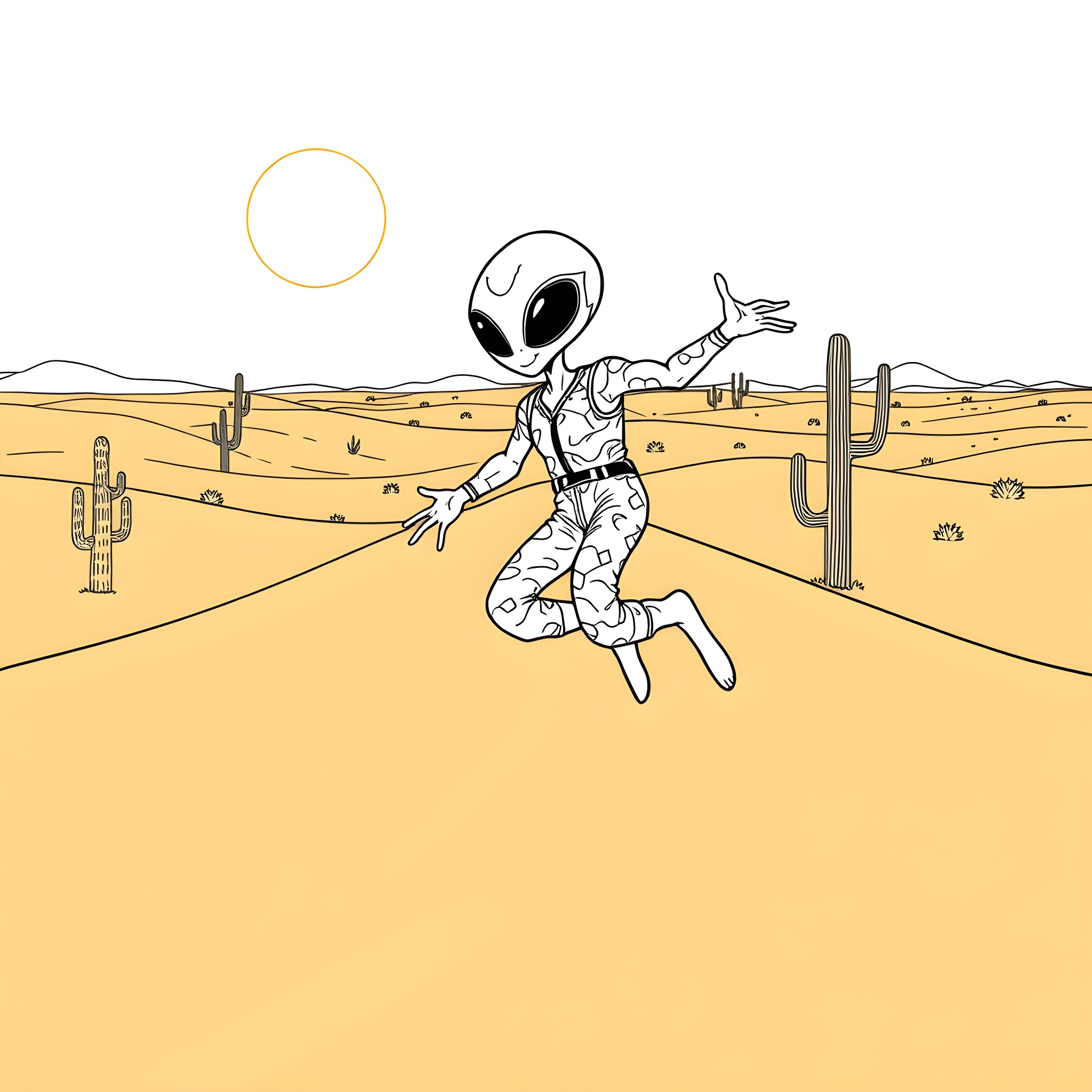 Alien astronaut explores the desert landscape Coloring Page (free black-and-white line drawing printable PDF for all, from beginners to advanced learners, including children, teens, adults, and seniors)