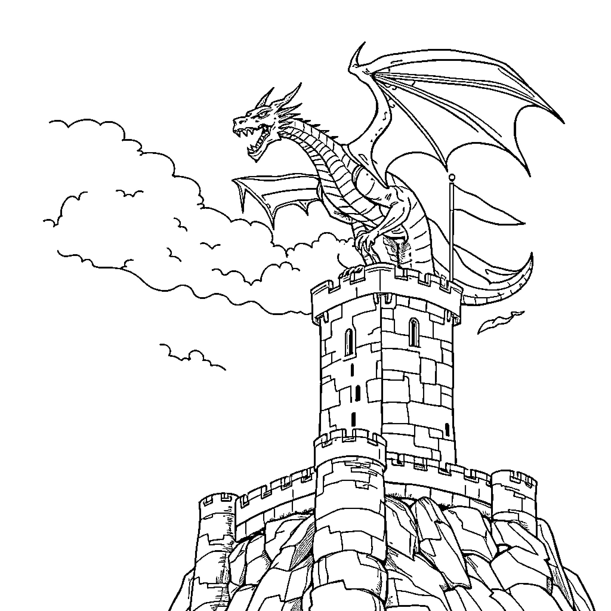 Dragon perched atop a majestic castle tower Coloring Page (free black-and-white line drawing printable PDF for all, from beginners to advanced learners, including children, teens, adults, and seniors)