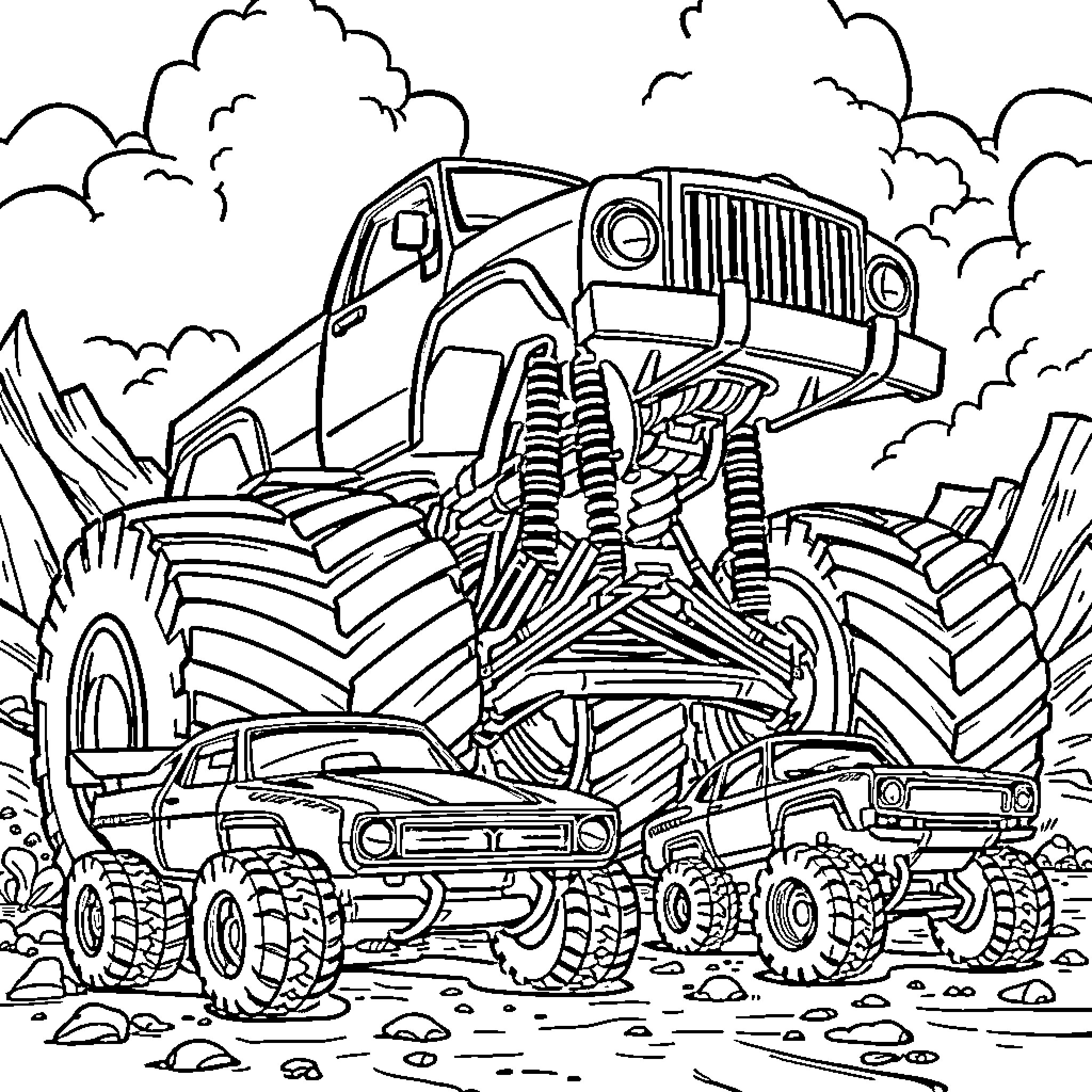 Monster Truck Crushing Small Cars in the Wilderness Coloring Page (free black-and-white line drawing printable PDF for all, from beginners to advanced learners, including children, teens, adults, and seniors)