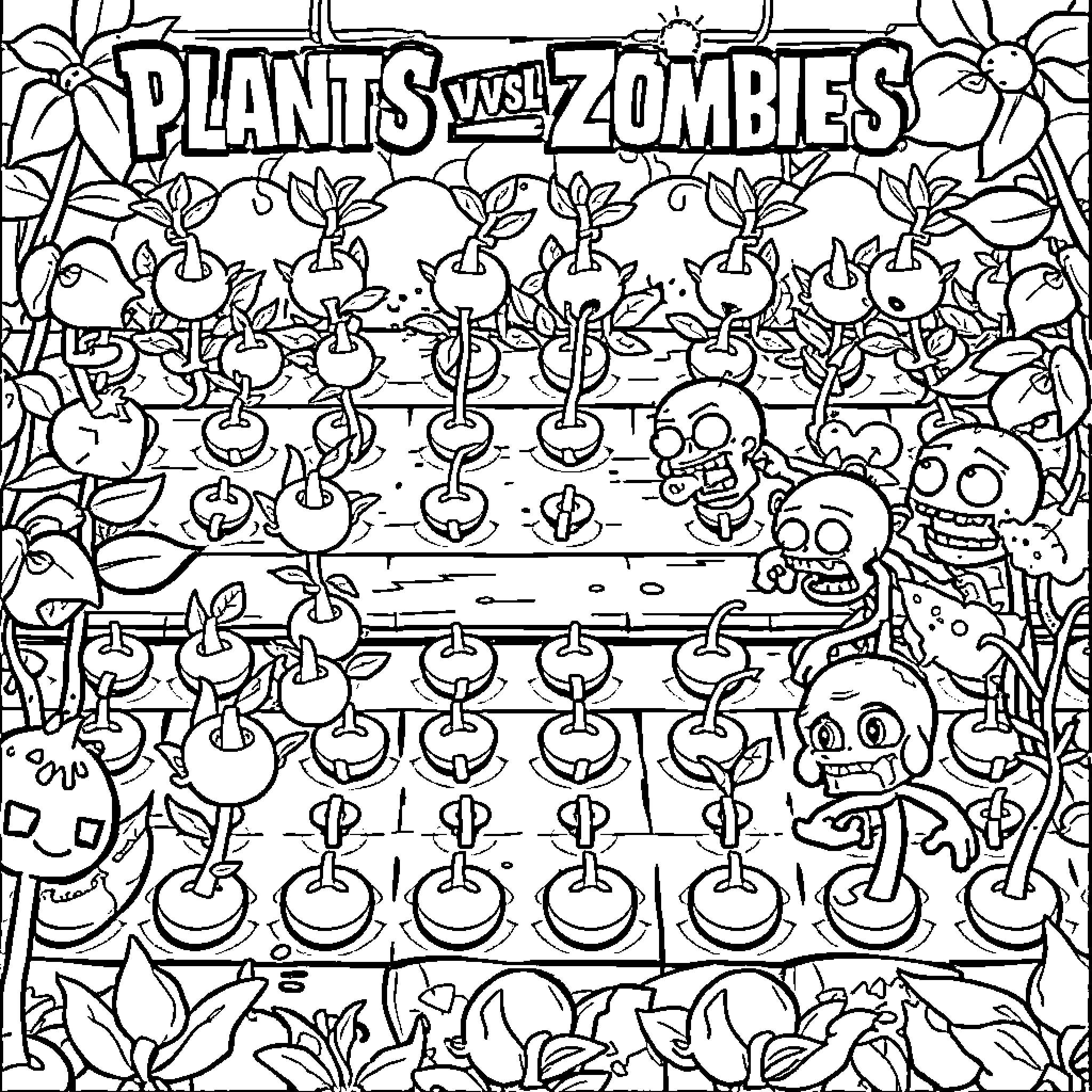 Plant-themed battle between cute zombies and lively vegetation Coloring Page (free black-and-white line drawing printable PDF for all, from beginners to advanced learners, including children, teens, adults, and seniors)