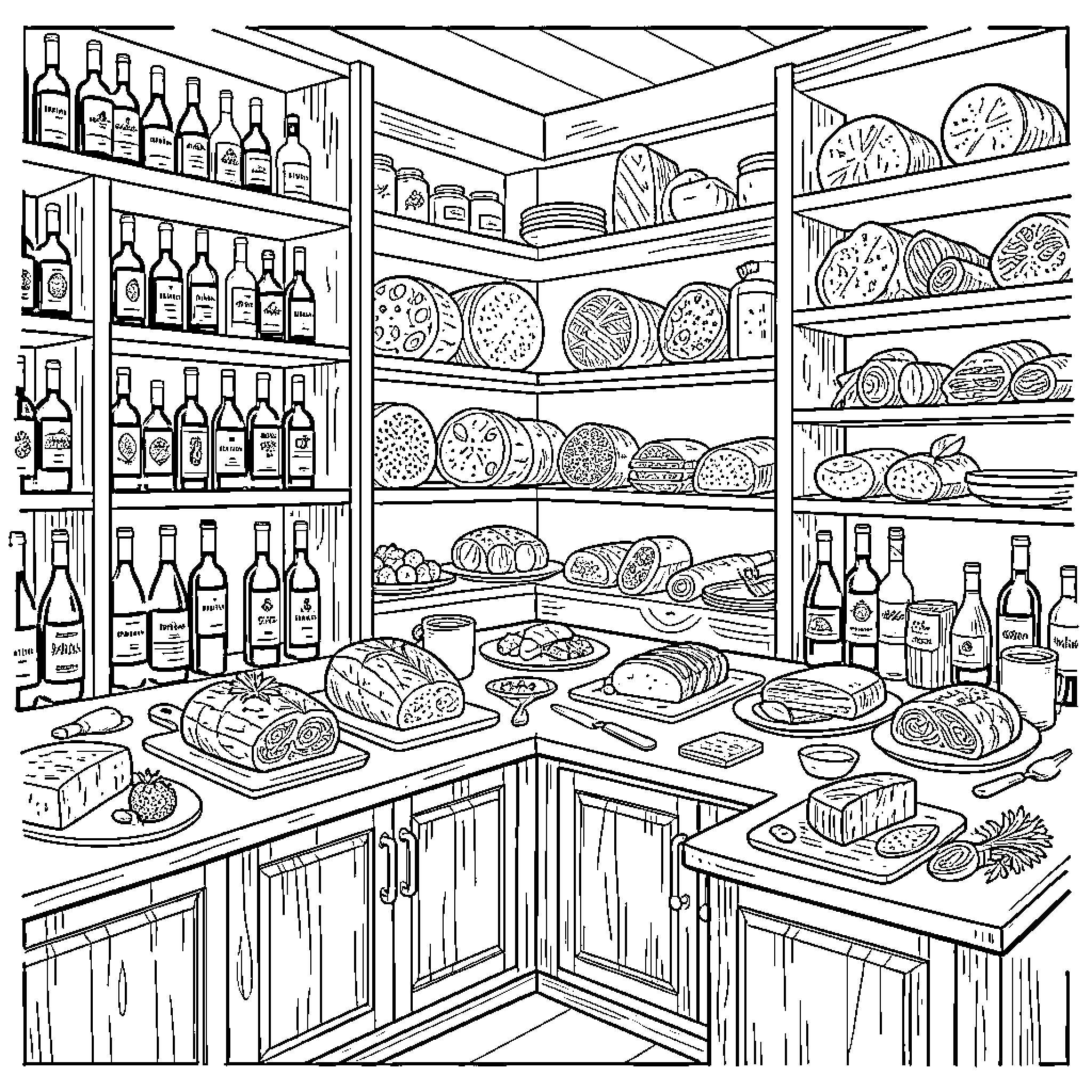 Wine Cellar Filled with Diverse Culinary Delights Coloring Page (free black-and-white line drawing printable PDF for all, from beginners to advanced learners, including children, teens, adults, and seniors)