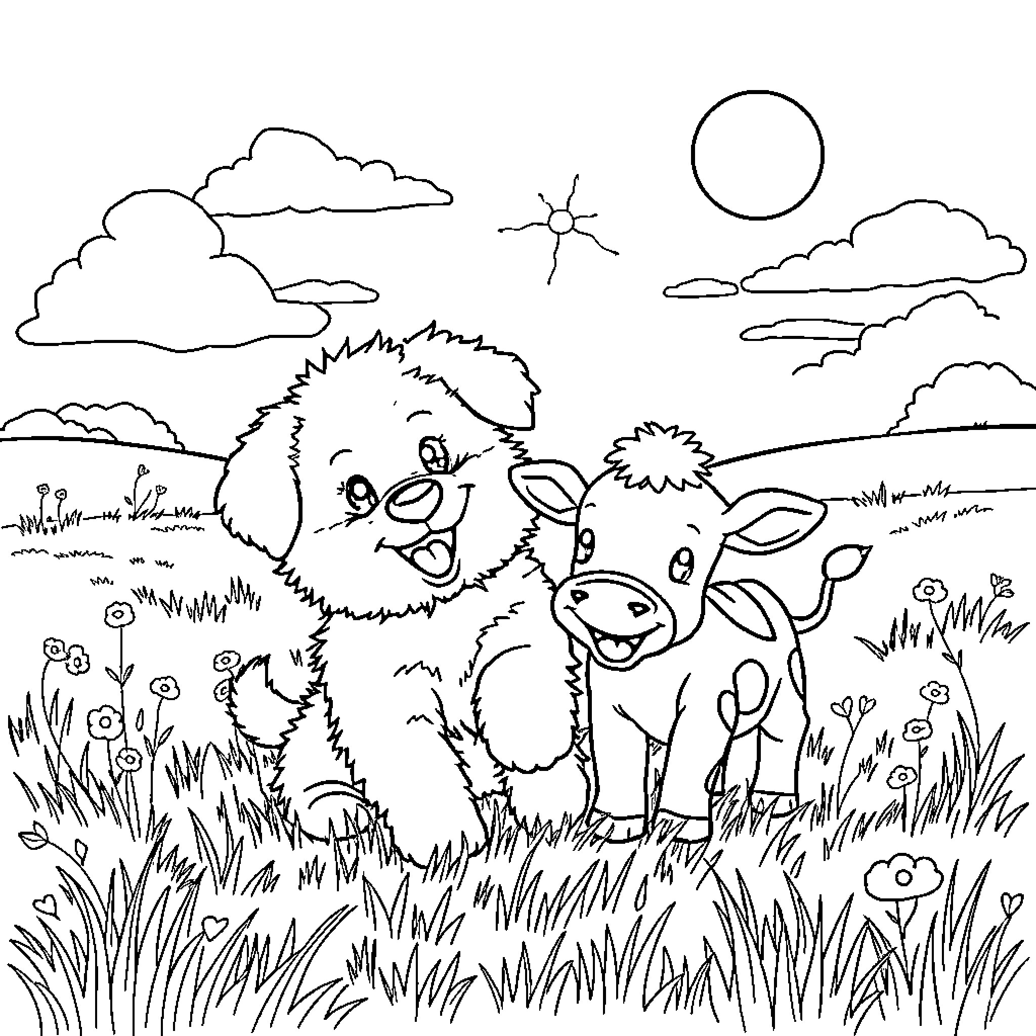 Puppy and calf playing in a grassy field Coloring Page (free black-and-white line drawing printable PDF for all, from beginners to advanced learners, including children, teens, adults, and seniors)