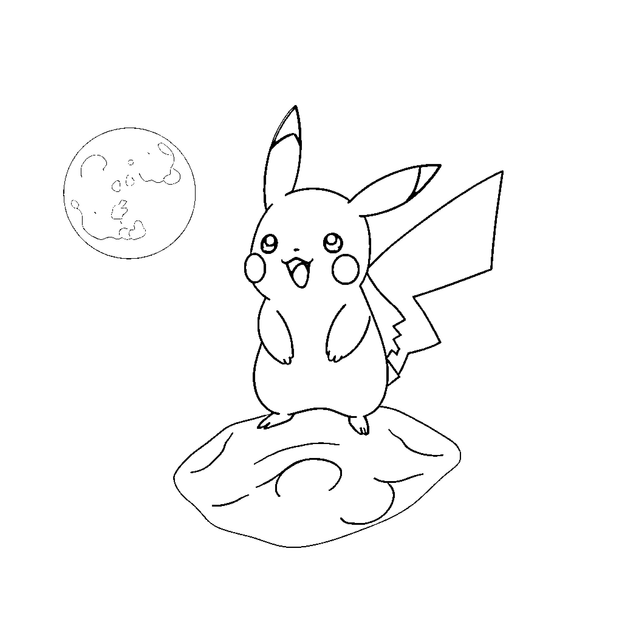 Pikachu gazing at the moon with curiosity Coloring Page (free black-and-white line drawing printable PDF for all, from beginners to advanced learners, including children, teens, adults, and seniors)