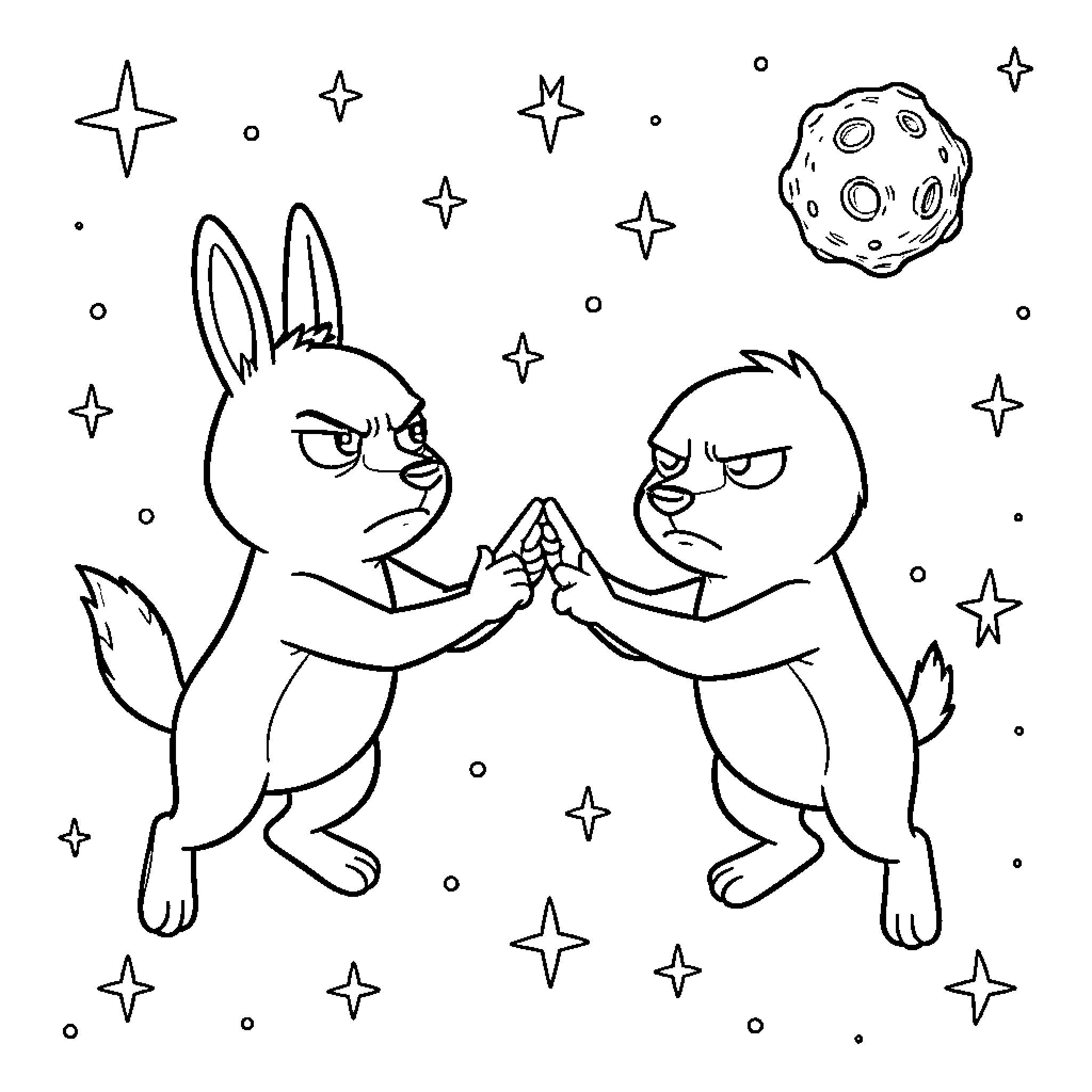 Mordecai and friend fist bumping in outer space Coloring Page (free black-and-white line drawing printable PDF for all, from beginners to advanced learners, including children, teens, adults, and seniors)