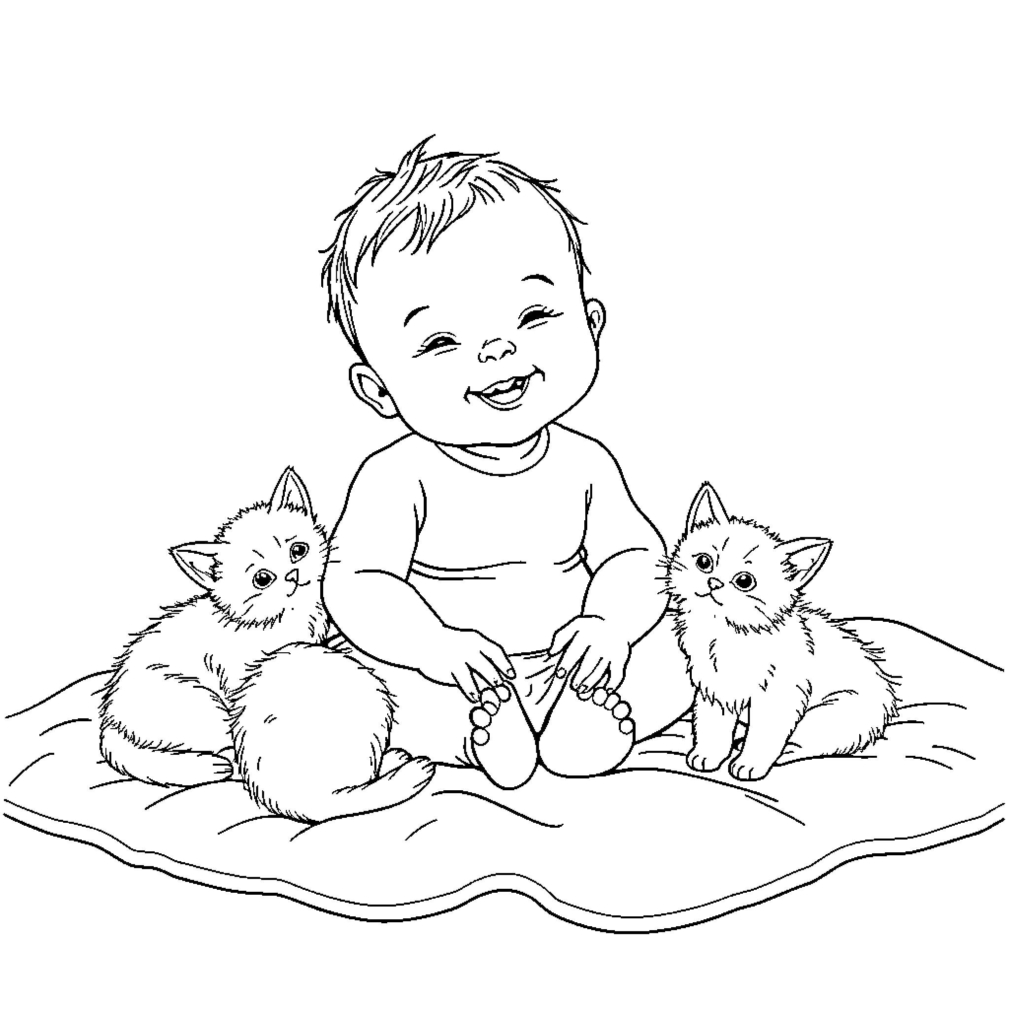 Baby playing happily with kittens Coloring Page (free black-and-white line drawing printable PDF for all, from beginners to advanced learners, including children, teens, adults, and seniors)
