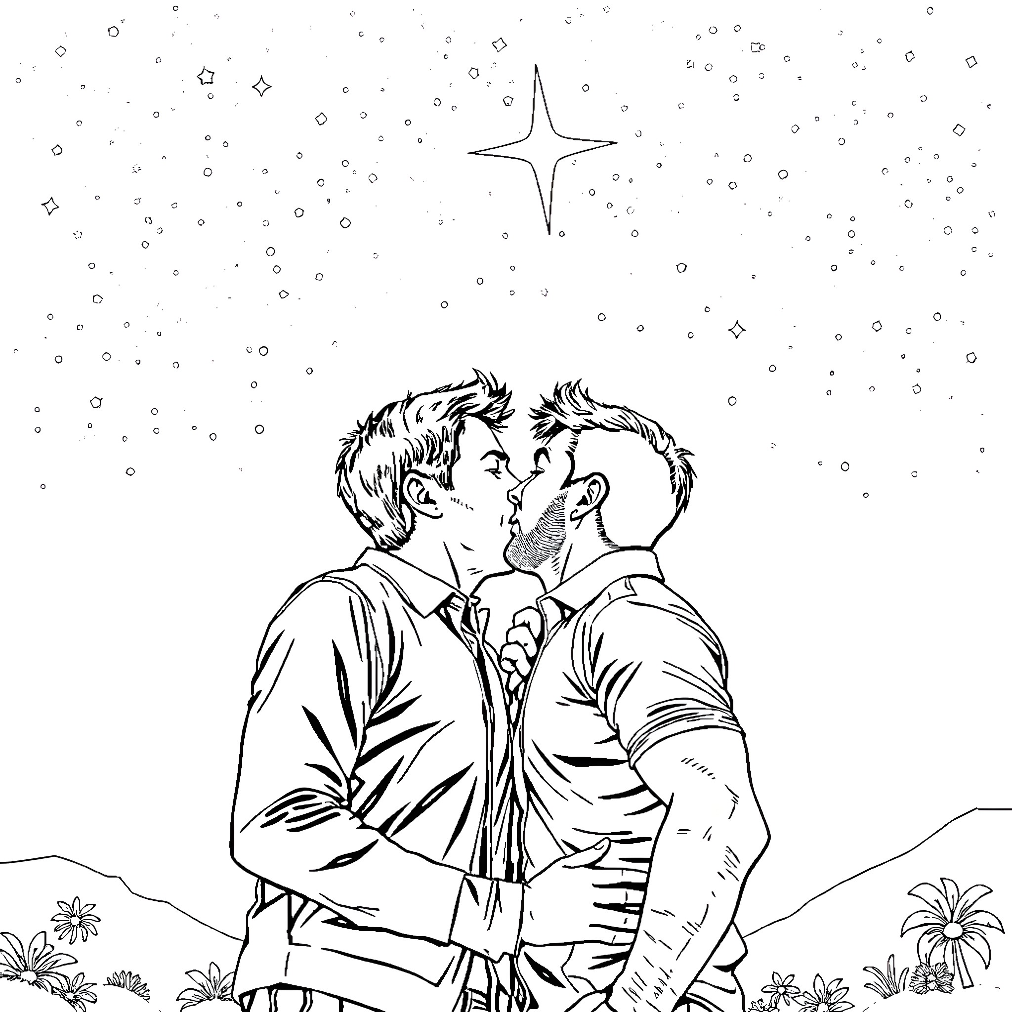 Leon Kennedy's Romantic Embrace Under the Stars Coloring Page (free black-and-white line drawing printable PDF for all, from beginners to advanced learners, including children, teens, adults, and seniors)
