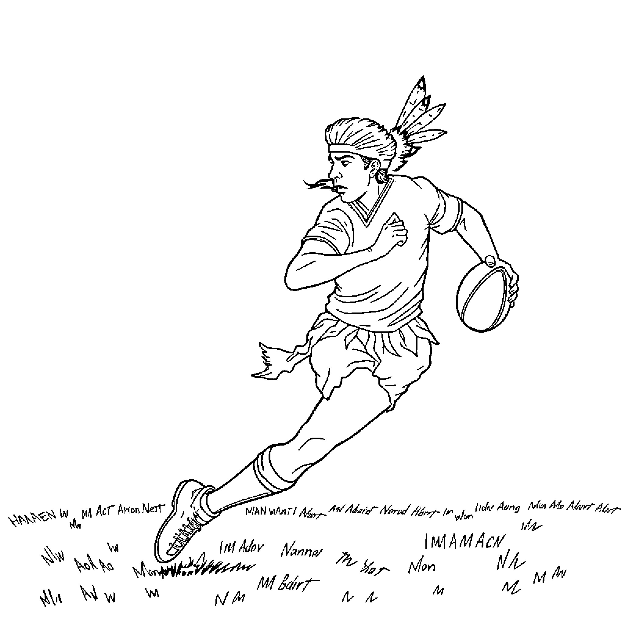 Rugby player in traditional indigenous outfit running with ball Coloring Page (free black-and-white line drawing printable PDF for all, from beginners to advanced learners, including children, teens, adults, and seniors)
