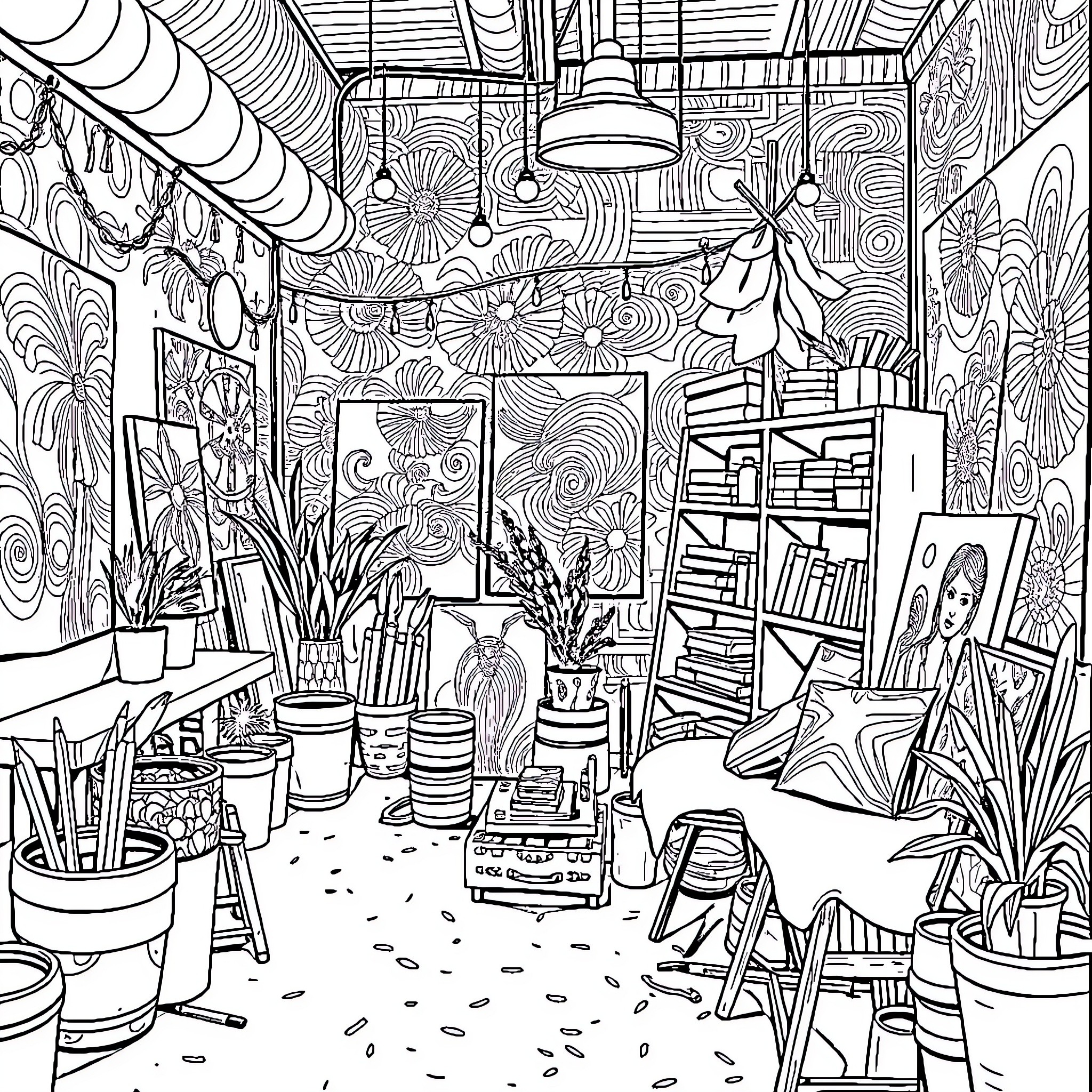 DHUE: Artistic Studio with Eclectic Decor and Furnishings Coloring Page (free black-and-white line drawing printable PDF for all, from beginners to advanced learners, including children, teens, adults, and seniors)