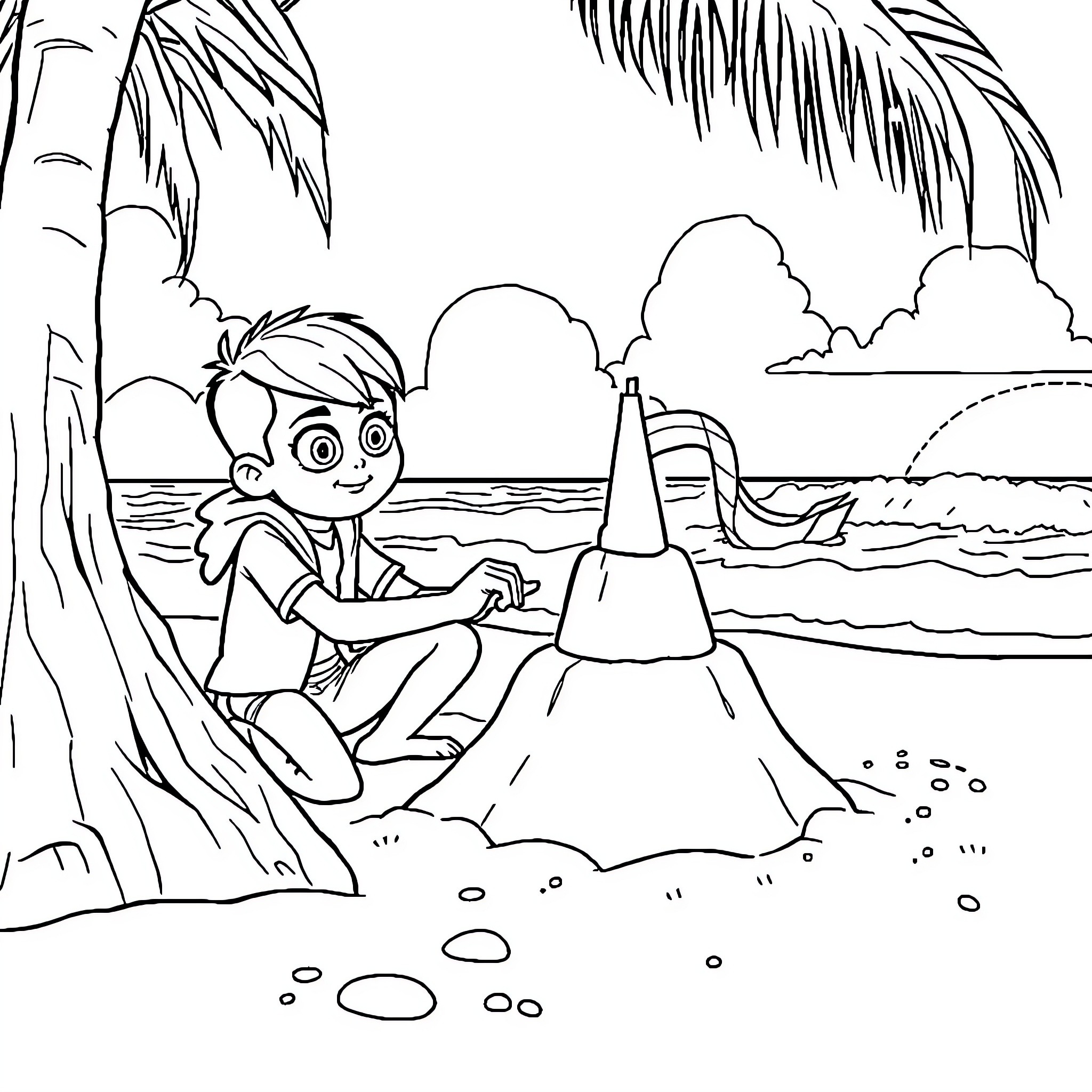 Ben 10 playing on the beach with sand castle Coloring Page (free black-and-white line drawing printable PDF for all, from beginners to advanced learners, including children, teens, adults, and seniors)