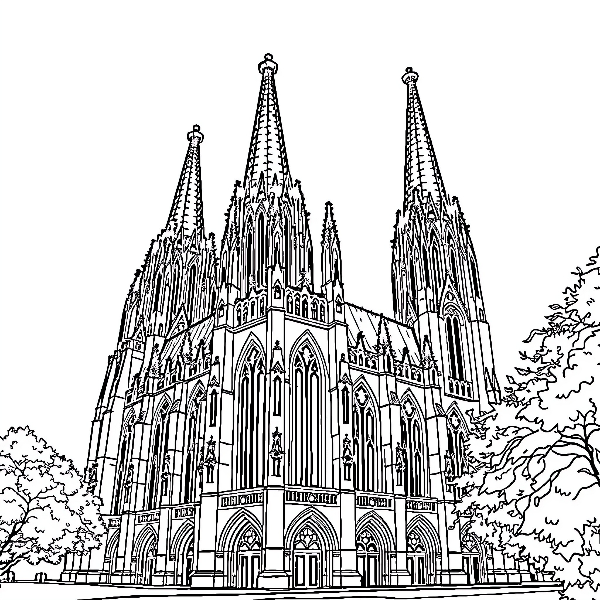 Cathedral of elaborate Gothic architecture Coloring Page (free black-and-white line drawing printable PDF for all, from beginners to advanced learners, including children, teens, adults, and seniors)