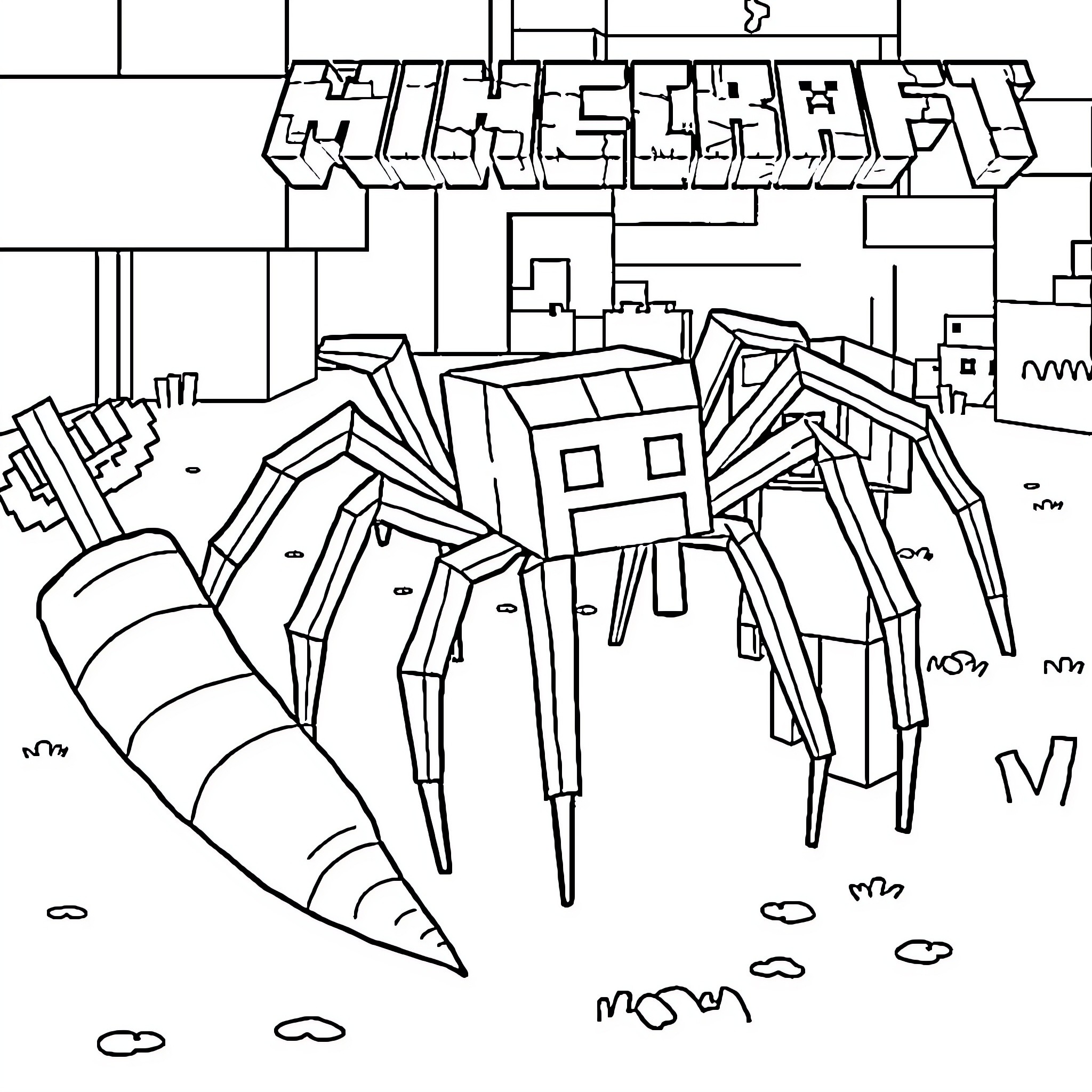Spider-like creature in a blocky, geometric environment Coloring Page (free black-and-white line drawing printable PDF for all, from beginners to advanced learners, including children, teens, adults, and seniors)