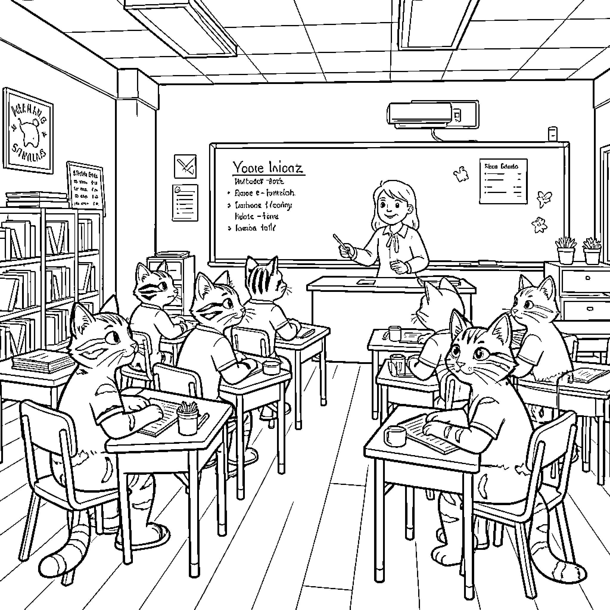 Wildcat students listening to a teacher in a classroom Coloring Page (free black-and-white line drawing printable PDF for all, from beginners to advanced learners, including children, teens, adults, and seniors)