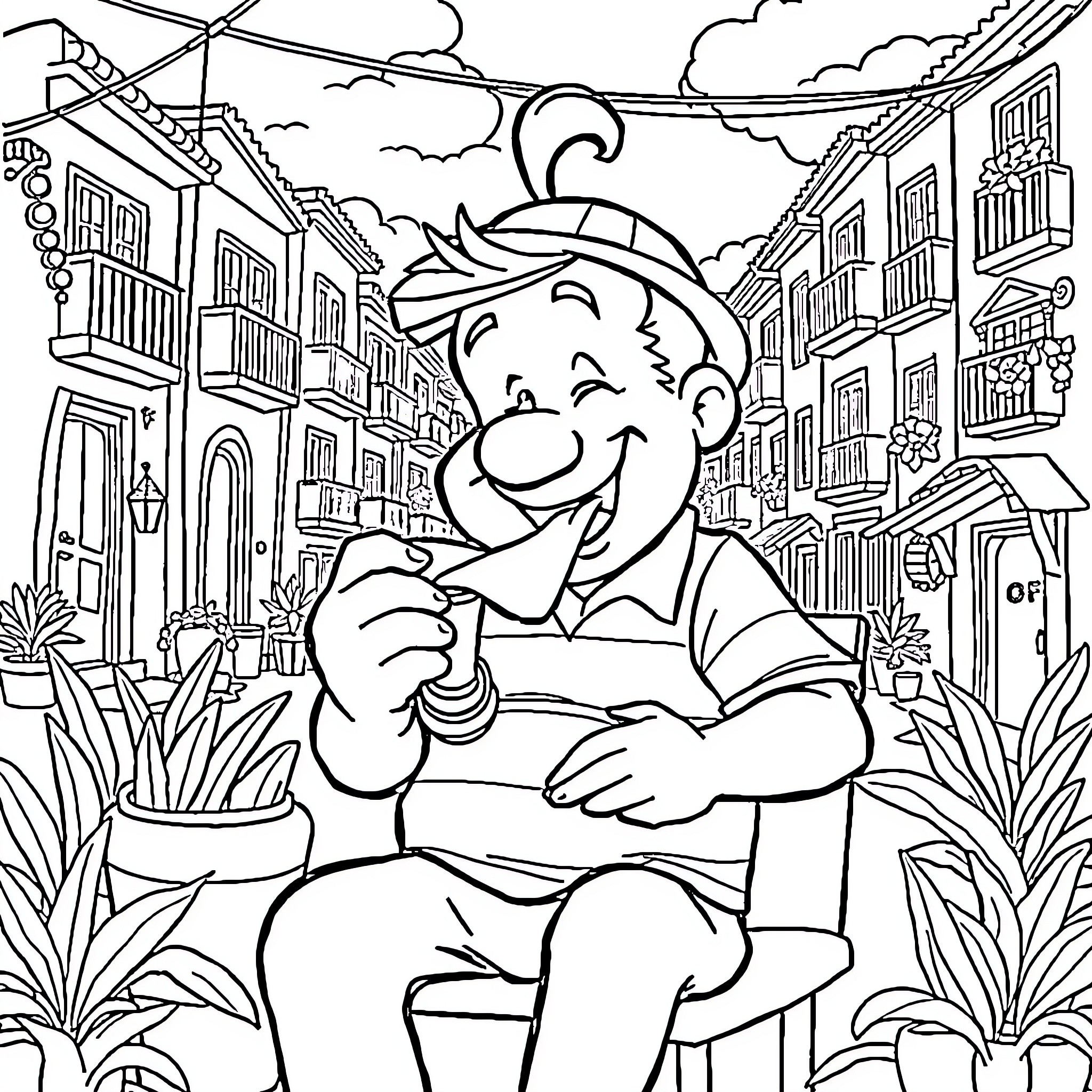 El Chavo enjoying a friendly day in the city Coloring Page (free black-and-white line drawing printable PDF for all, from beginners to advanced learners, including children, teens, adults, and seniors)