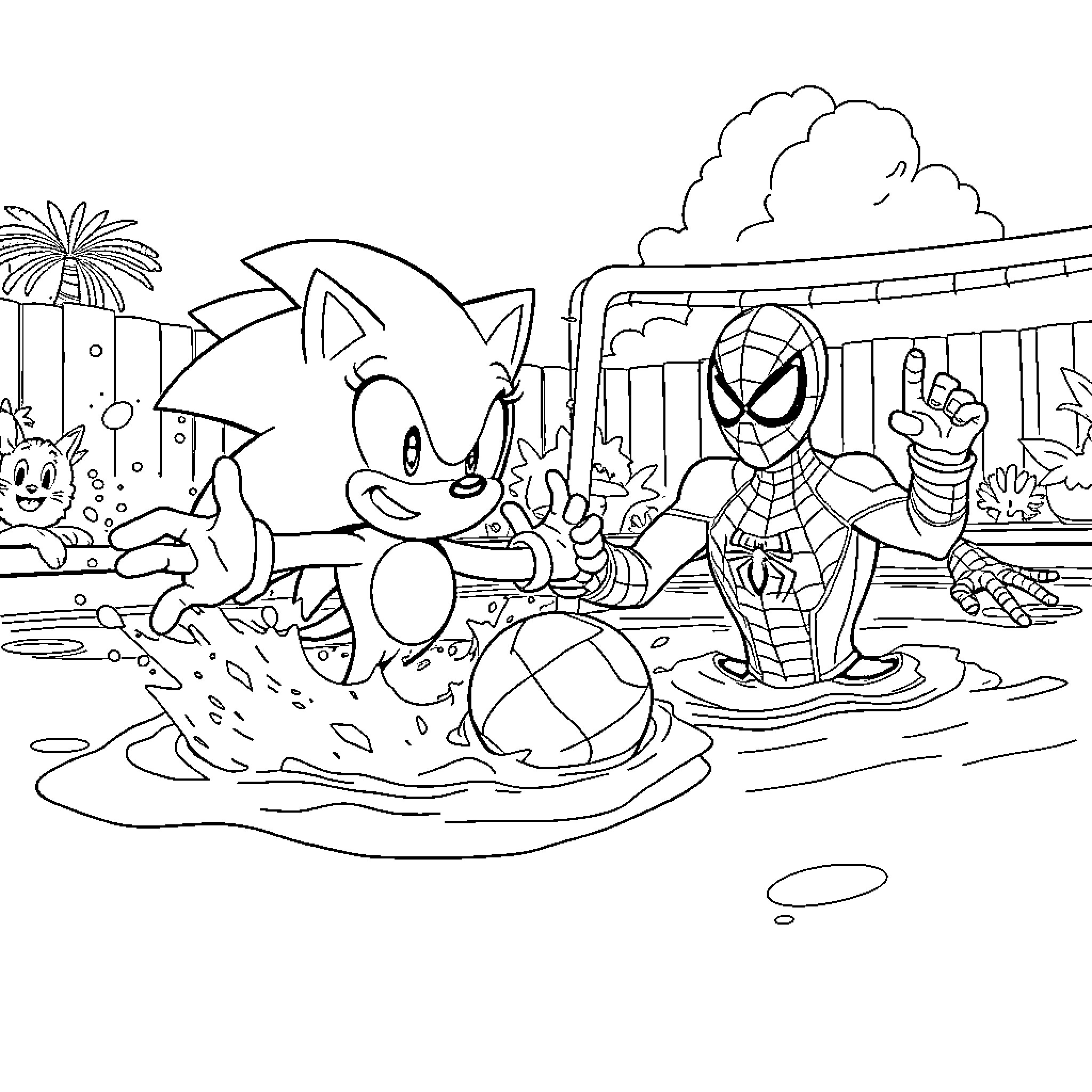 Sonic and Spider-Man playing in the park Coloring Page (free black-and-white line drawing printable PDF for all, from beginners to advanced learners, including children, teens, adults, and seniors)