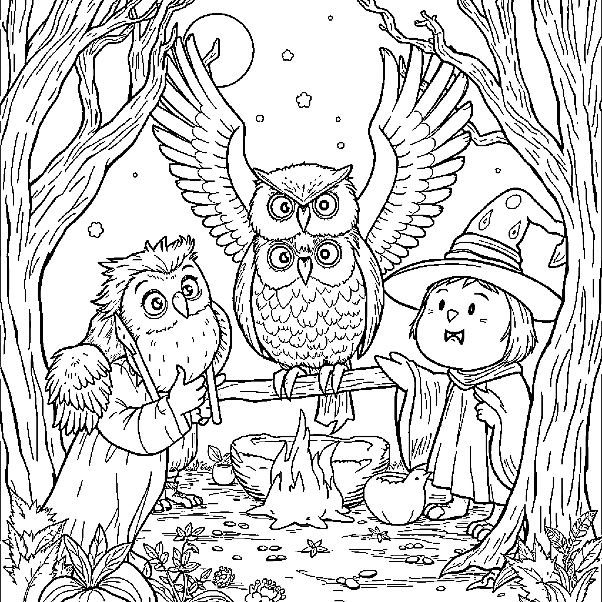 Owl Trio in Enchanted Forest Coloring Page (free black-and-white line drawing printable PDF for all, from beginners to advanced learners, including children, teens, adults, and seniors)