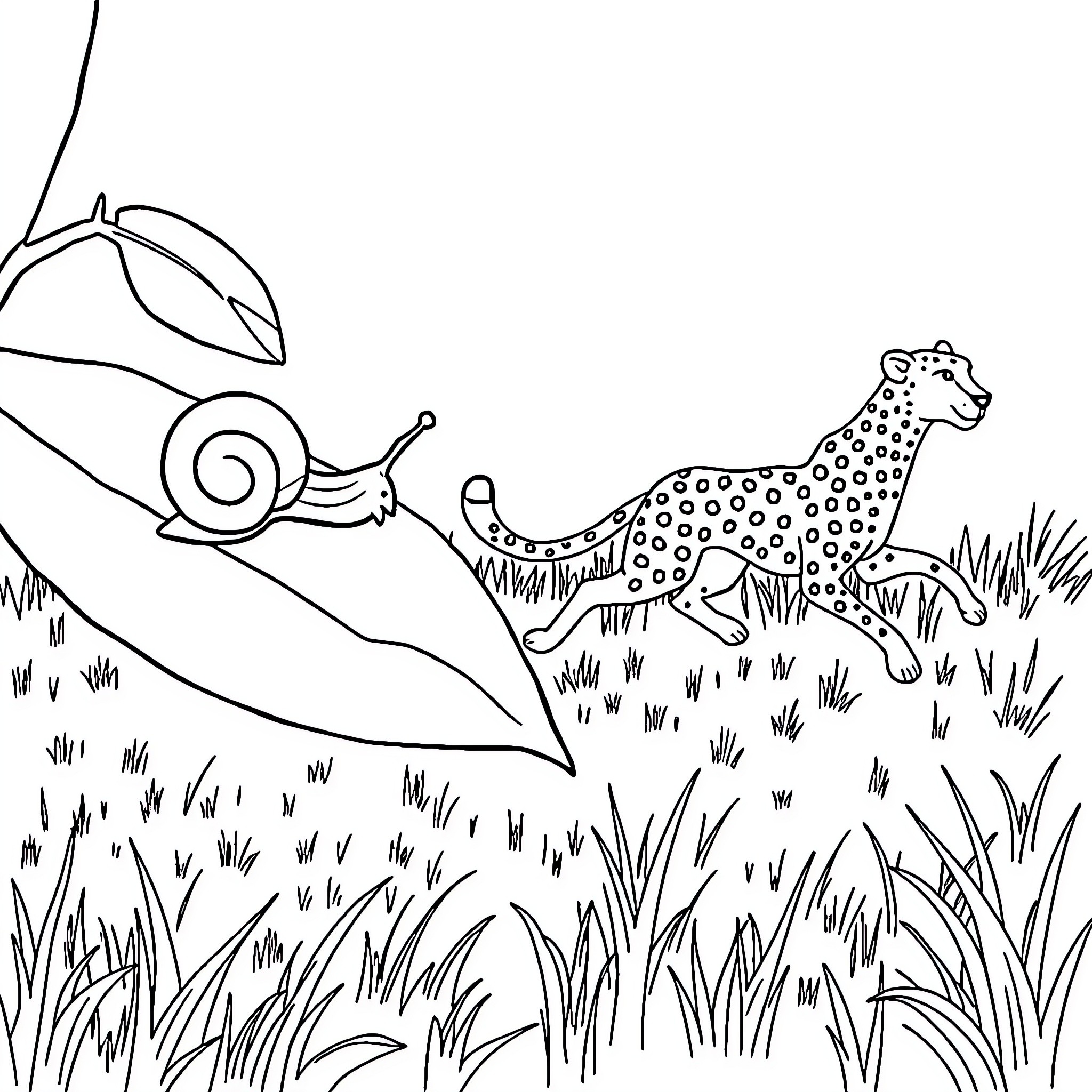 Animal snail and cheetah in the wild Coloring Page (free black-and-white line drawing printable PDF for all, from beginners to advanced learners, including children, teens, adults, and seniors)