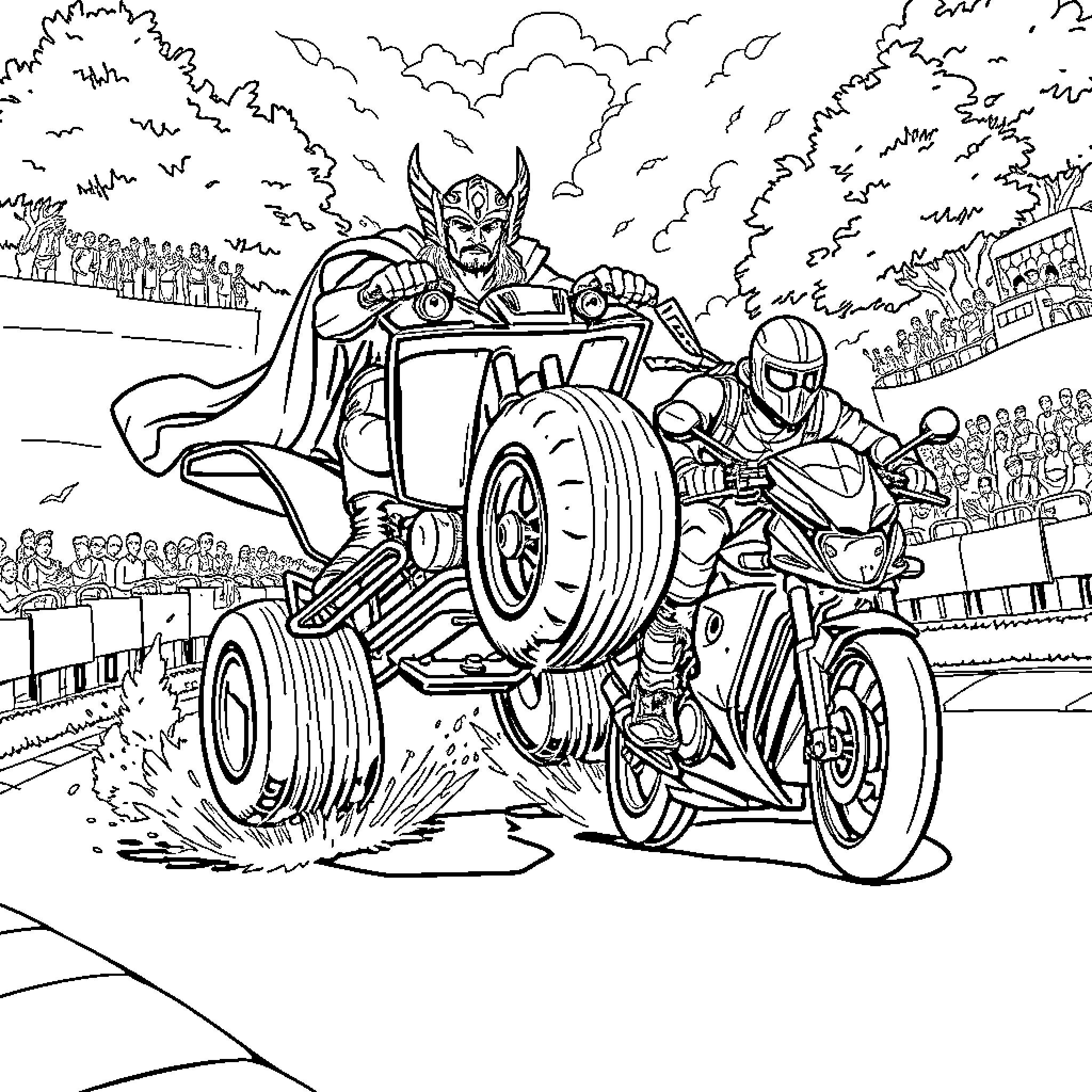 Thor racing on a motorcycle with his allies Coloring Page (free black-and-white line drawing printable PDF for all, from beginners to advanced learners, including children, teens, adults, and seniors)