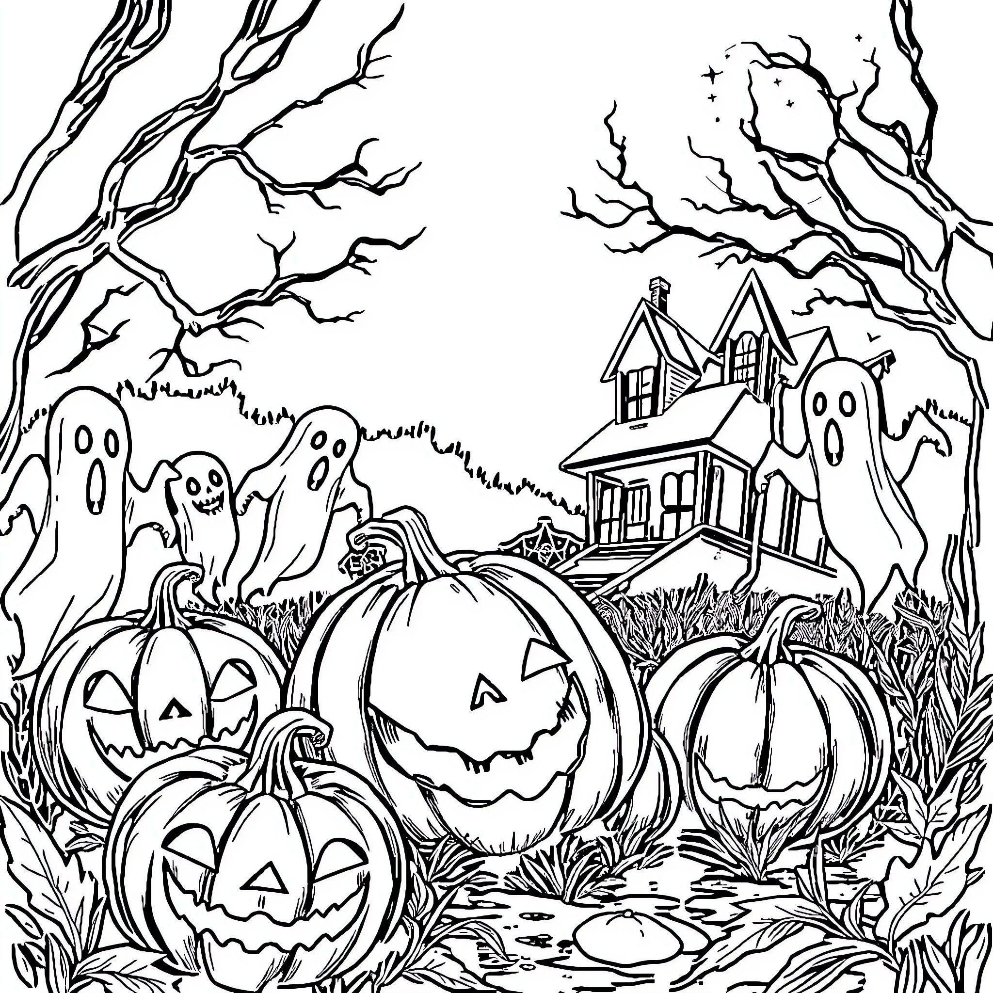 Halloween spooky scene with pumpkins and ghosts Coloring Page (free black-and-white line drawing printable PDF for all, from beginners to advanced learners, including children, teens, adults, and seniors)