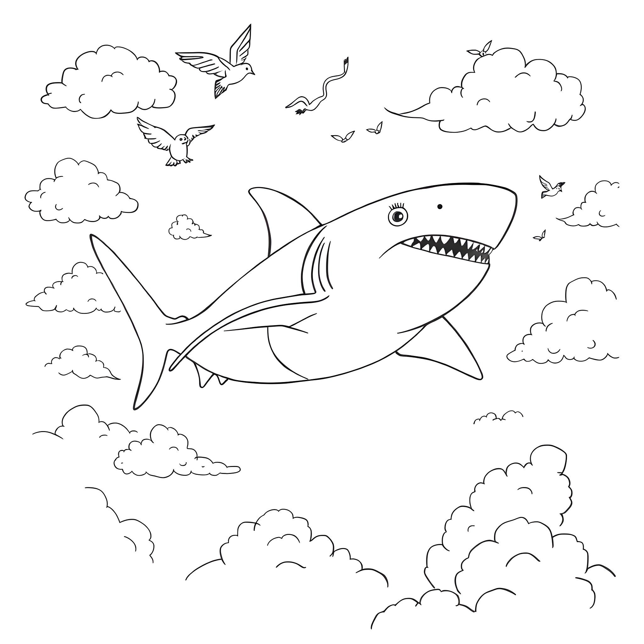 Shark swimming among clouds and birds Coloring Page (free black-and-white line drawing printable PDF for all, from beginners to advanced learners, including children, teens, adults, and seniors)
