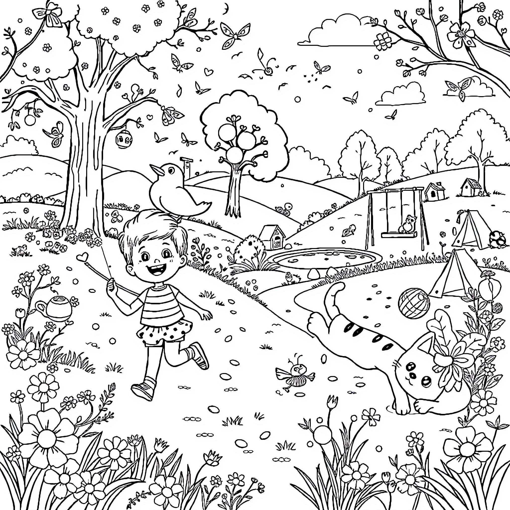 Child playing joyfully in a whimsical garden Coloring Page (free black-and-white line drawing printable PDF for all, from beginners to advanced learners, including children, teens, adults, and seniors)