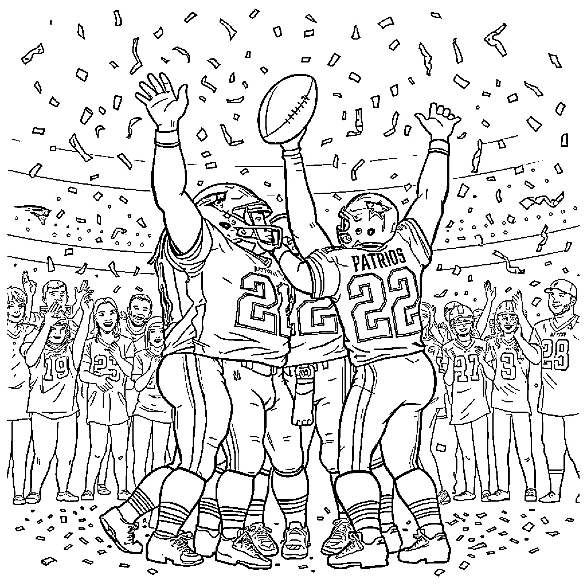Patriot players celebrating victory on the field Coloring Page (free black-and-white line drawing printable PDF for all, from beginners to advanced learners, including children, teens, adults, and seniors)
