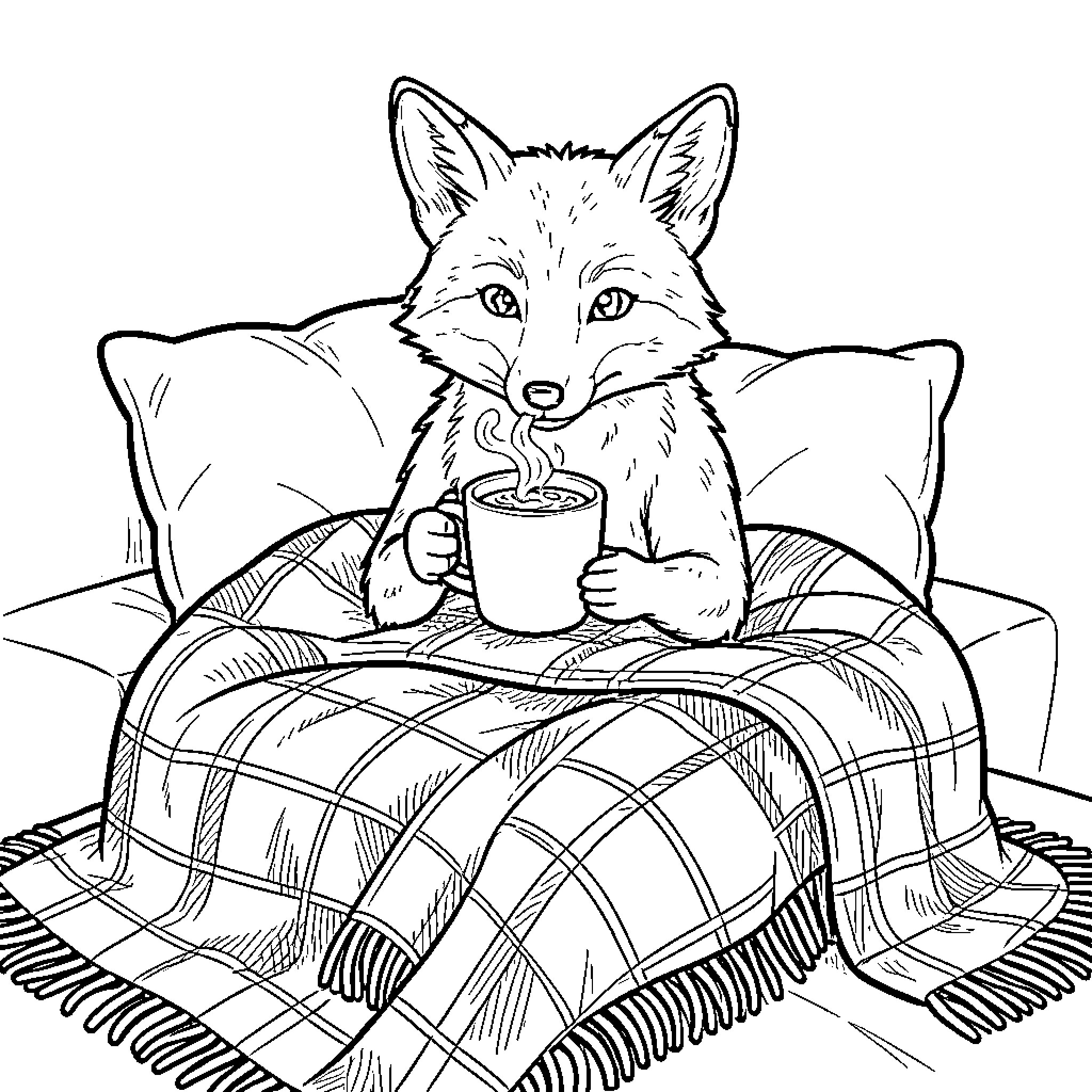 Renard enjoying a warm beverage on a cozy blanket Coloring Page (free black-and-white line drawing printable PDF for all, from beginners to advanced learners, including children, teens, adults, and seniors)