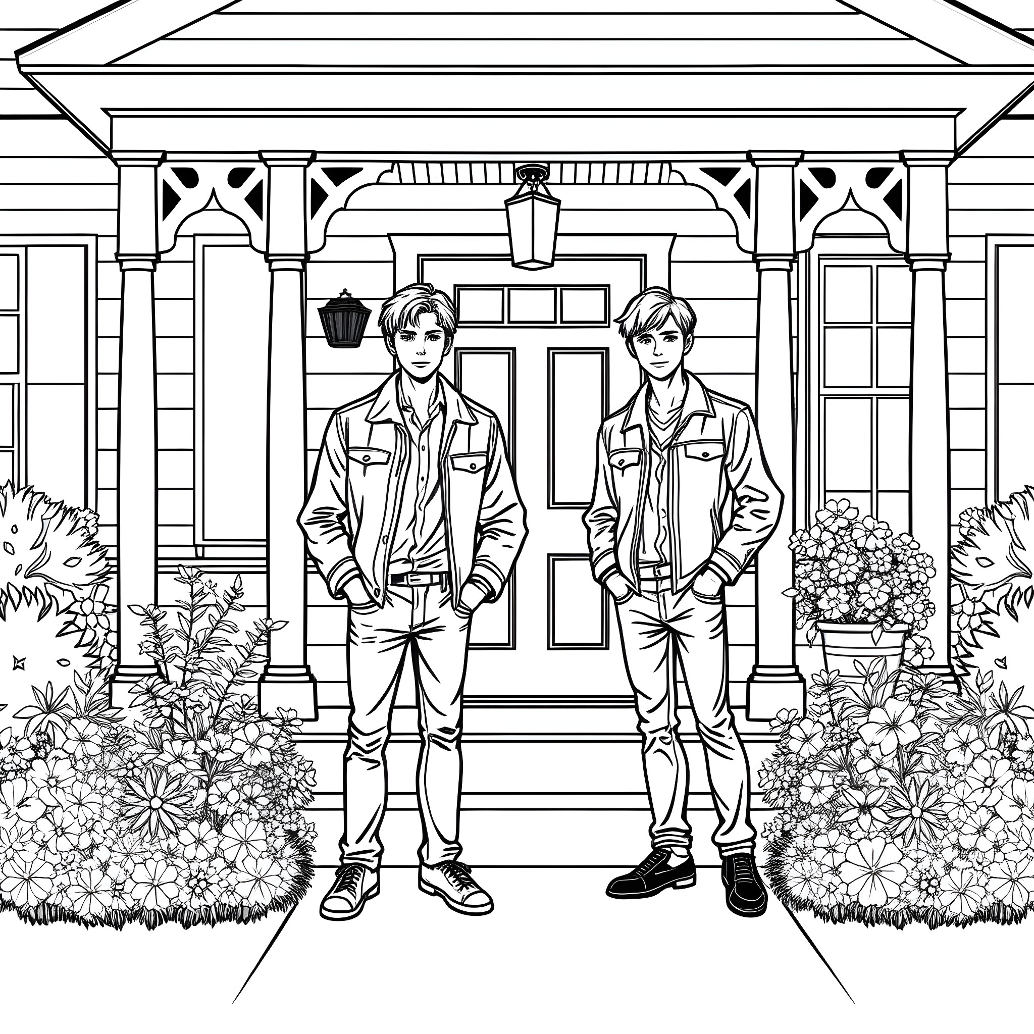 Teen Guys Standing in Front of Ornate House Coloring Page (free black-and-white line drawing printable PDF for all, from beginners to advanced learners, including children, teens, adults, and seniors)