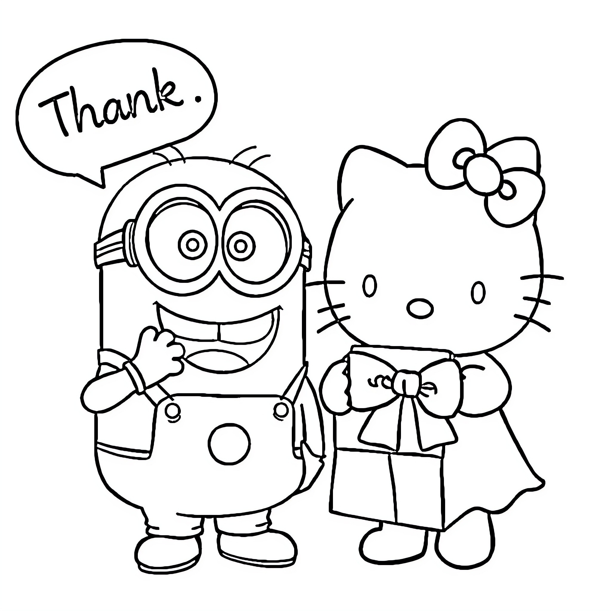 Minion thanking Hello Kitty in a friendly gesture Coloring Page (free black-and-white line drawing printable PDF for all, from beginners to advanced learners, including children, teens, adults, and seniors)