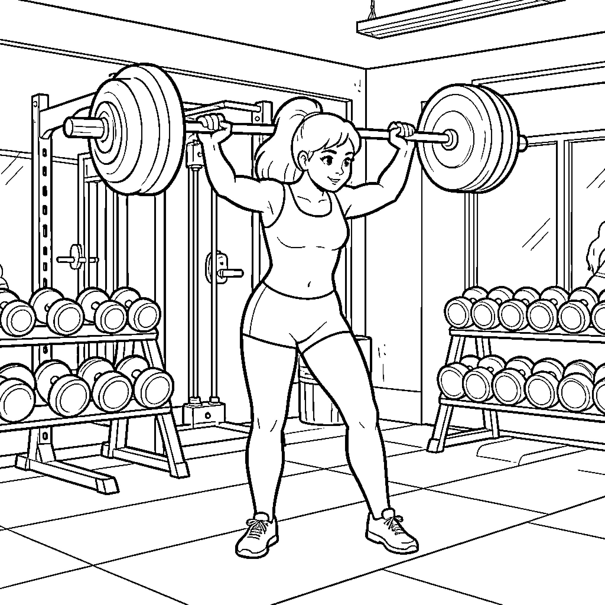 Blancanieves Lifts Weights in the Gym Coloring Page (free black-and-white line drawing printable PDF for all, from beginners to advanced learners, including children, teens, adults, and seniors)