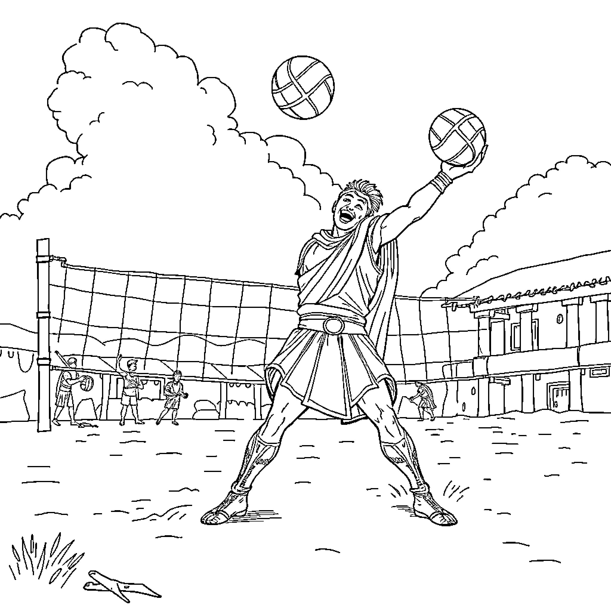 Roman Warrior Playing Volleyball in Battlefield Coloring Page (free black-and-white line drawing printable PDF for all, from beginners to advanced learners, including children, teens, adults, and seniors)