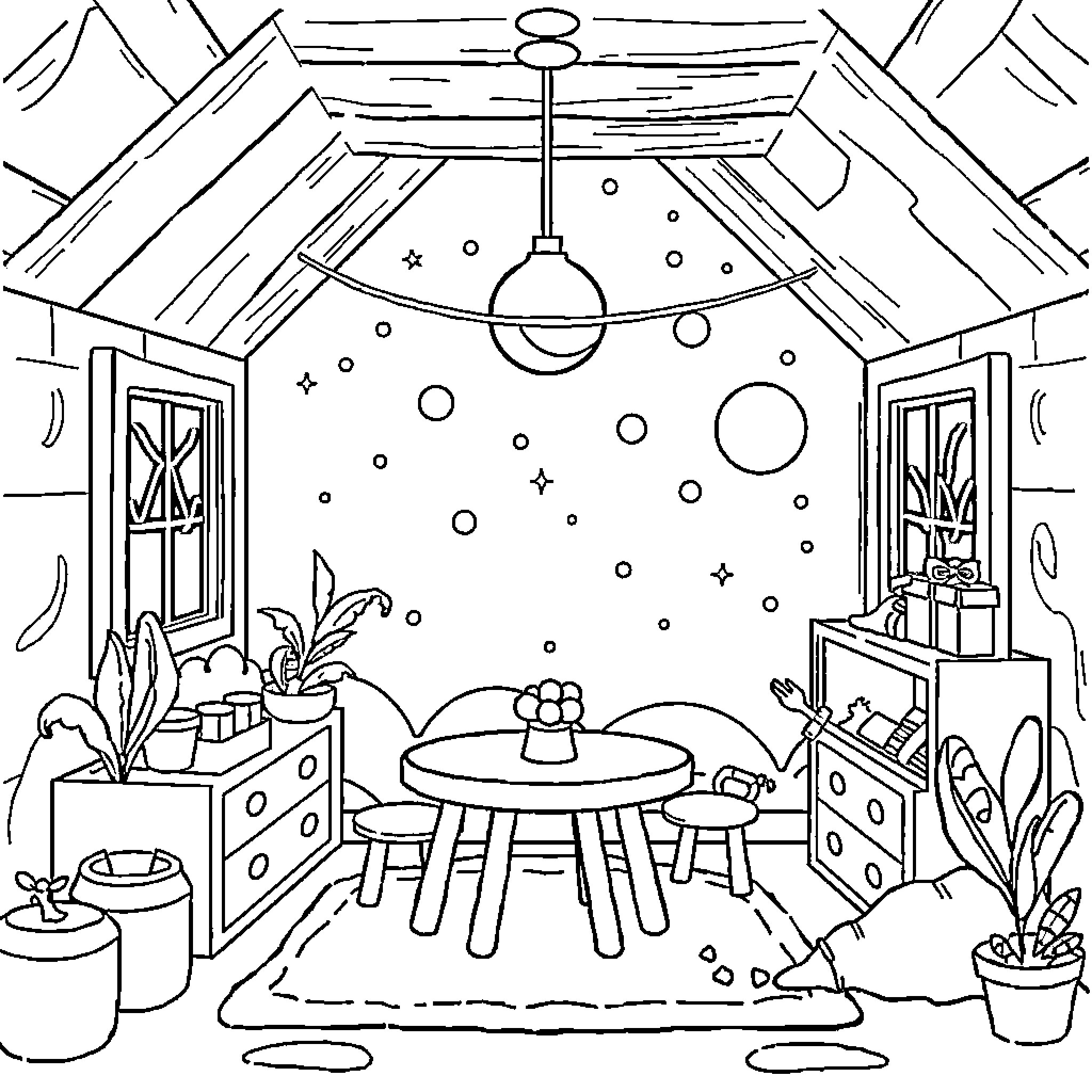 Infant enjoying playful indoor setting Coloring Page (free black-and-white line drawing printable PDF for all, from beginners to advanced learners, including children, teens, adults, and seniors)