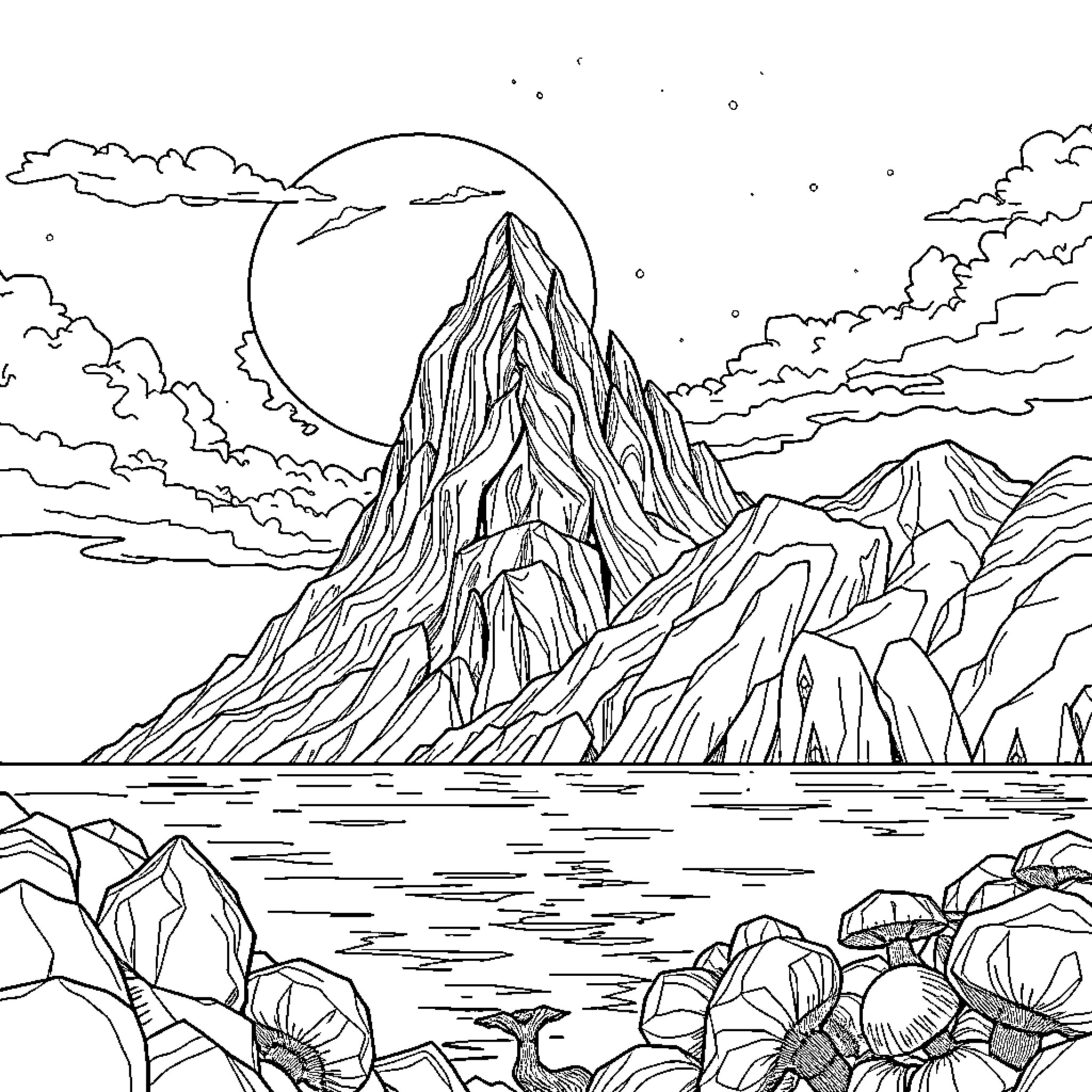 Paraglider soaring over majestic mountain landscape Coloring Page (free black-and-white line drawing printable PDF for all, from beginners to advanced learners, including children, teens, adults, and seniors)